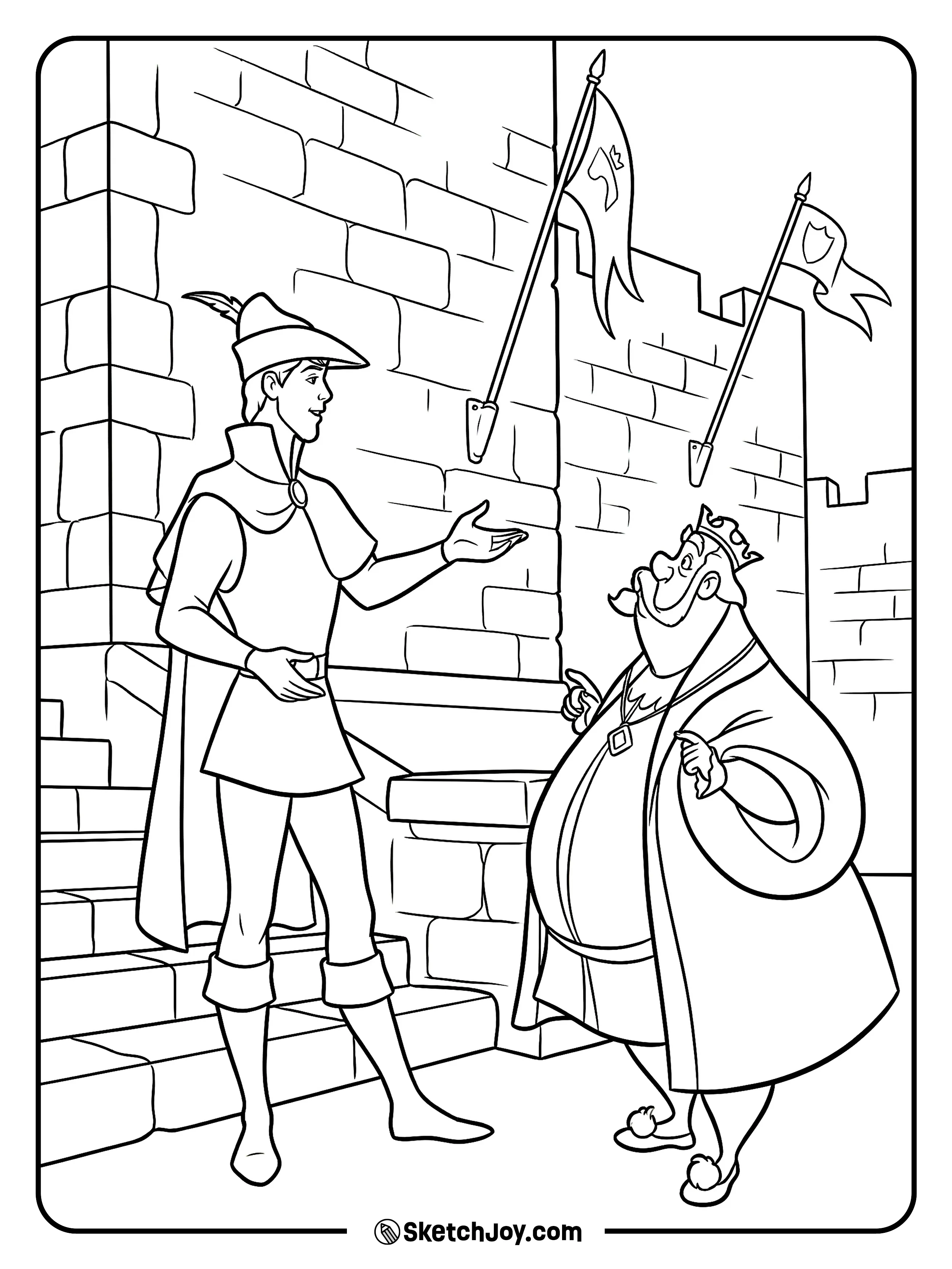 King Hubert talks to Phillip near castle steps.