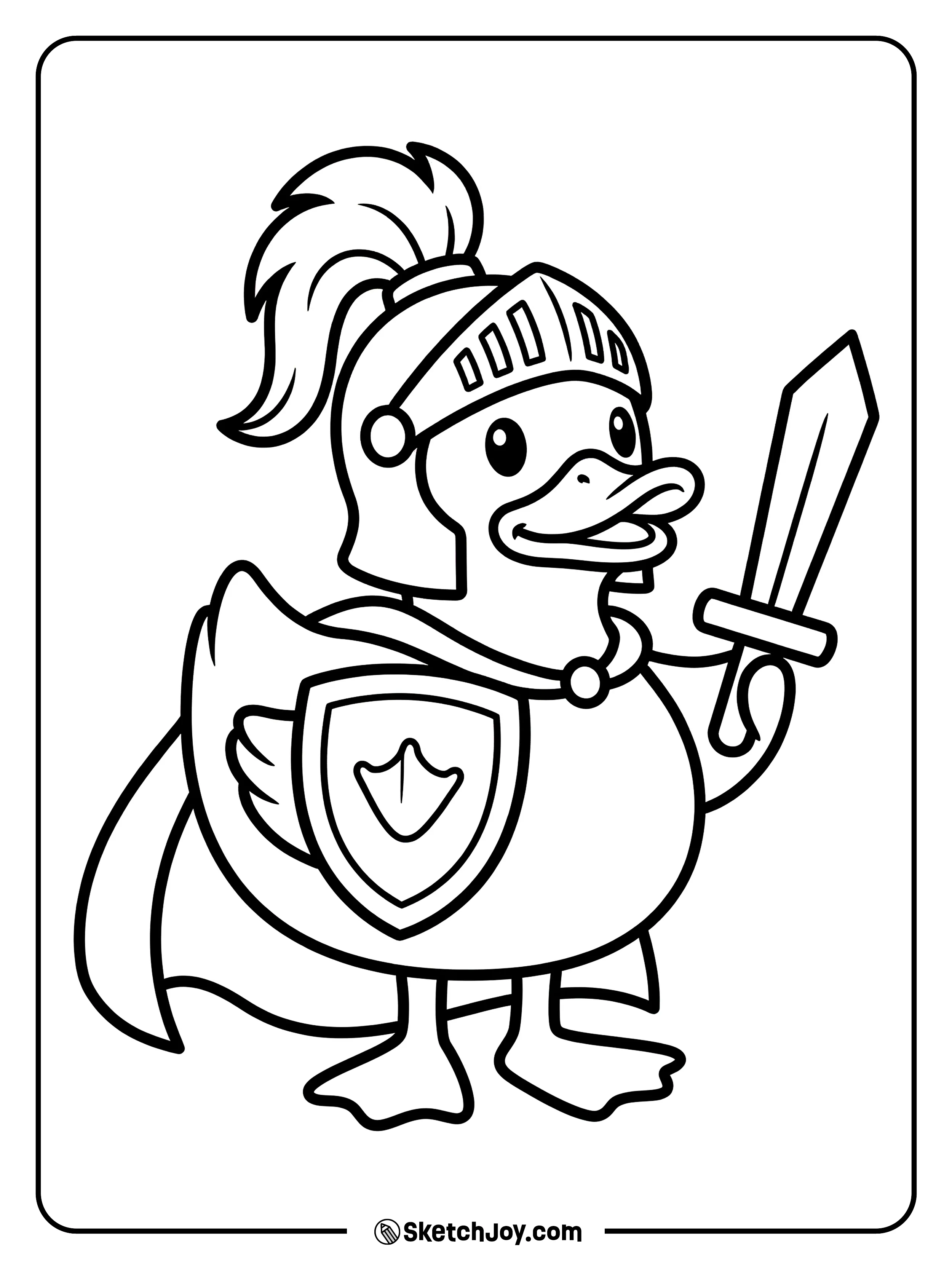 A rubber duck in armor holding a tiny sword.