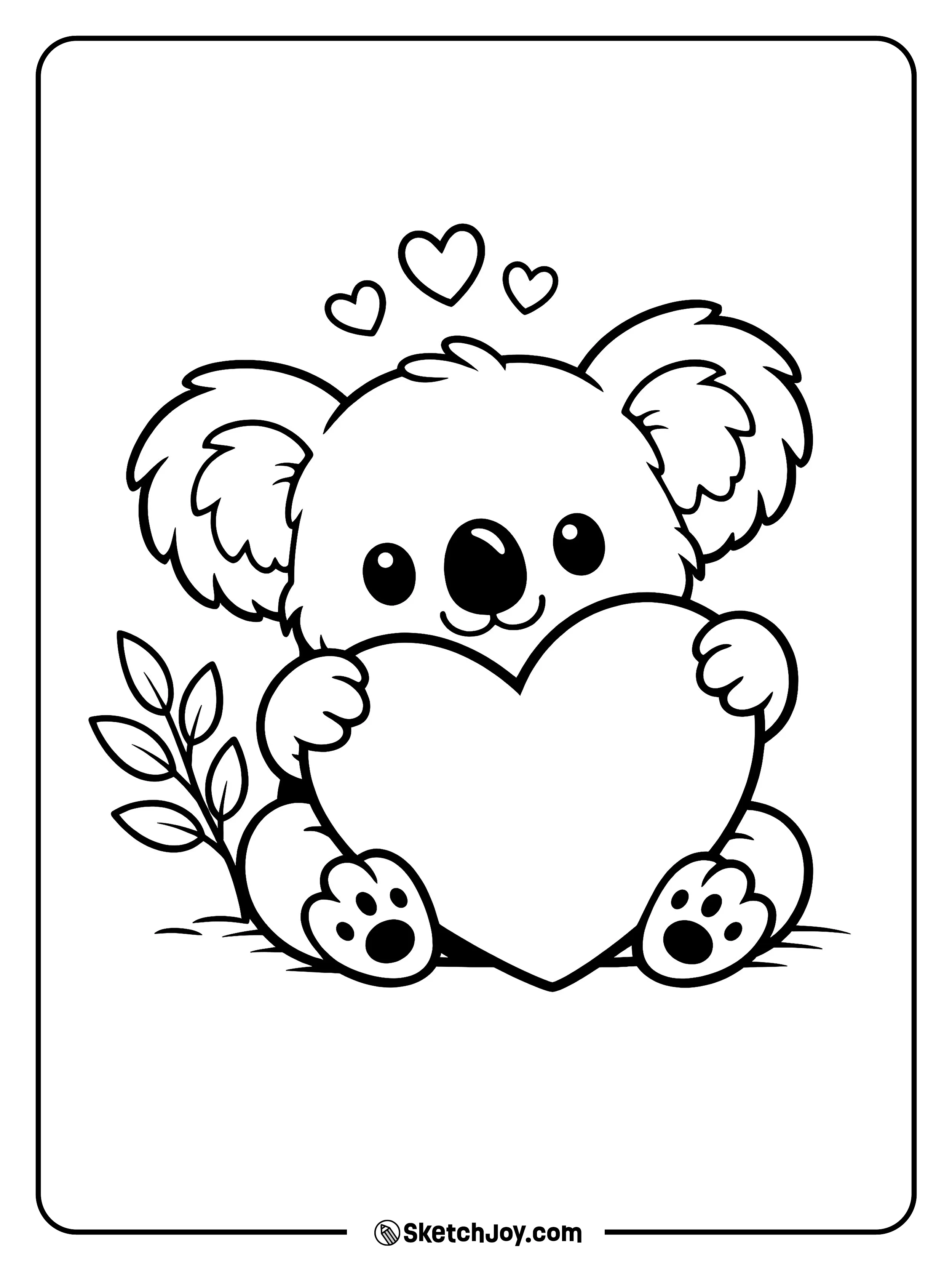 A koala hugs a big heart with a happy grin.