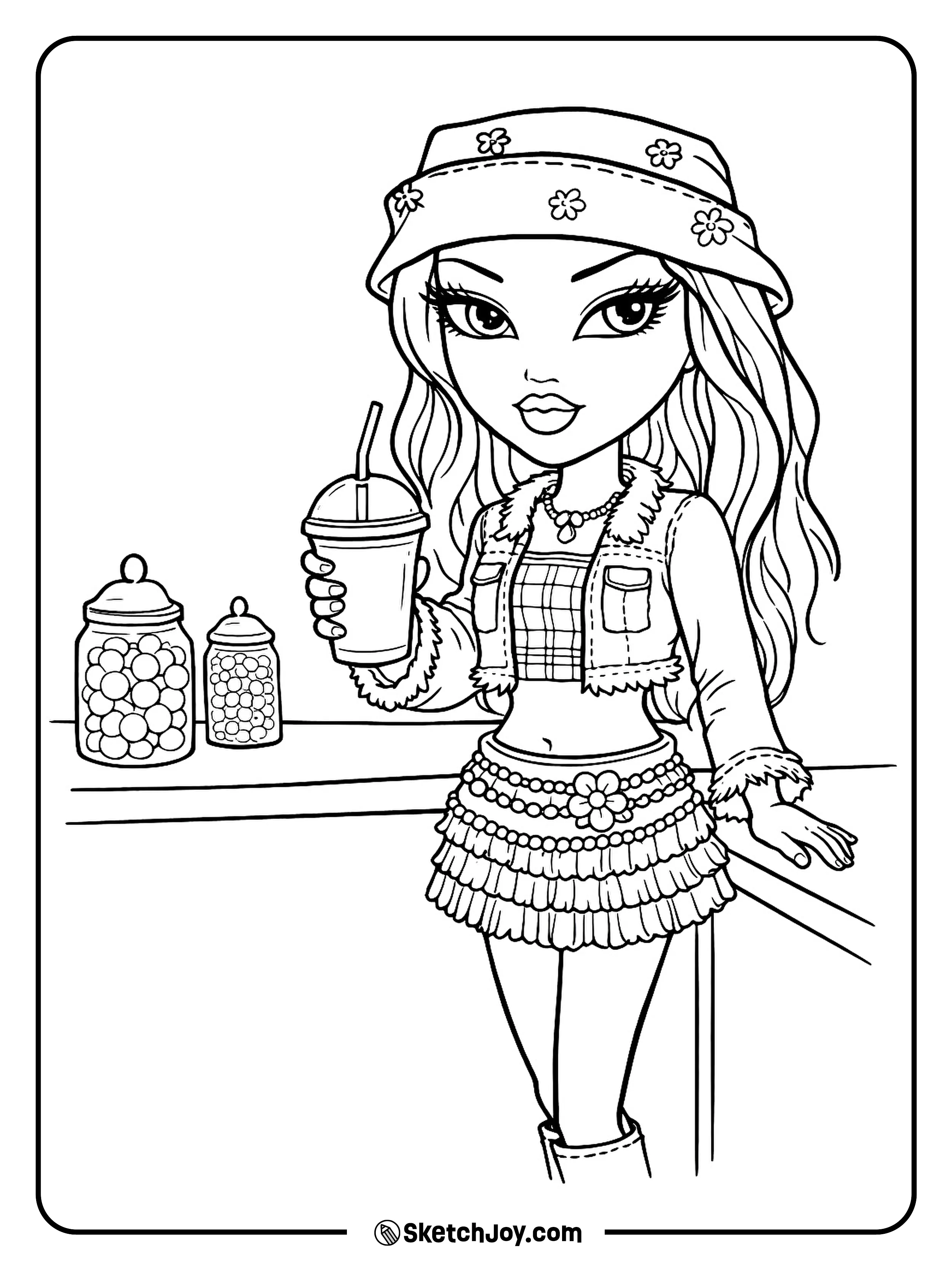 Kumi picks a cute treat at a small counter with a simple menu sign.