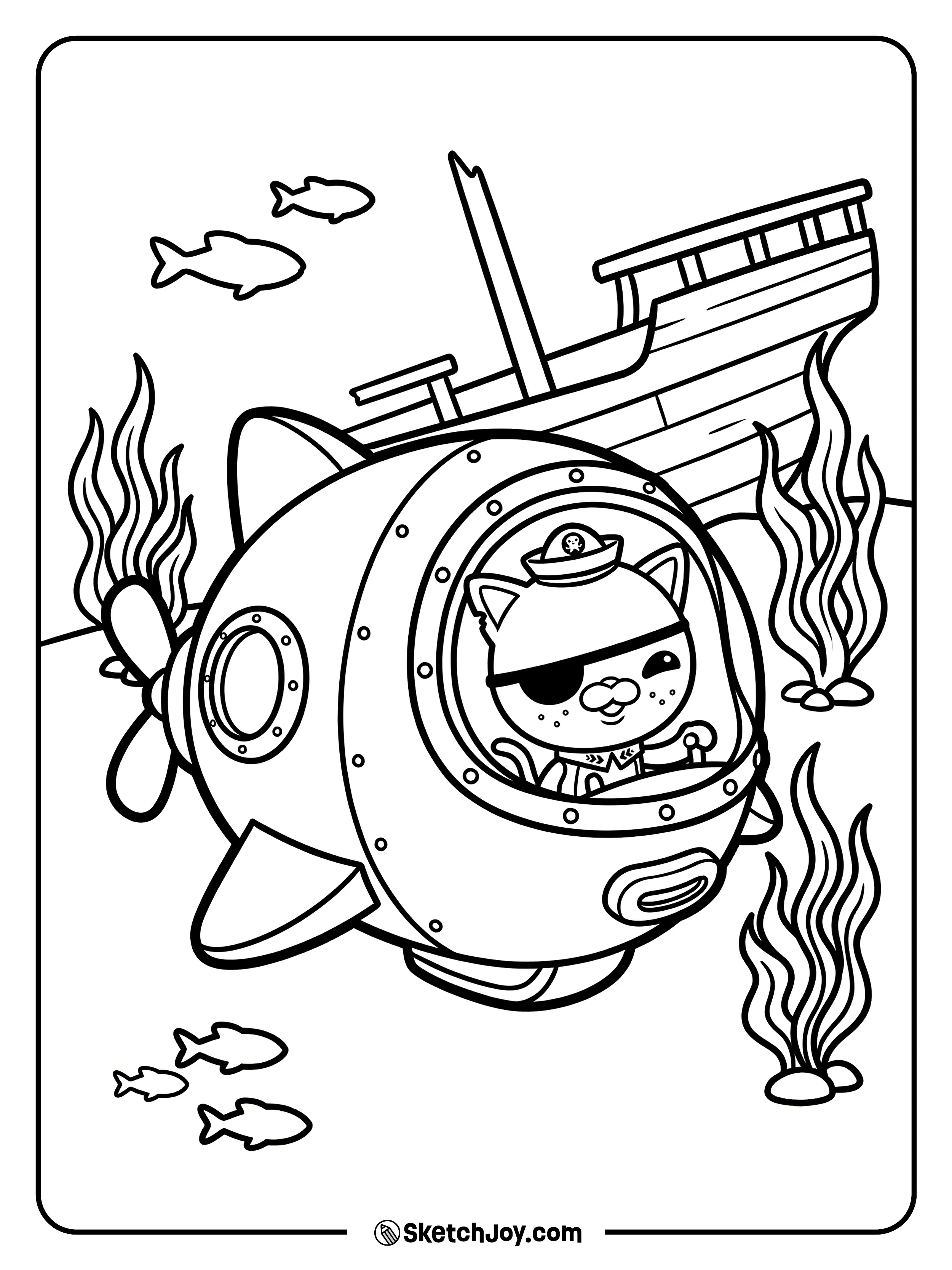 Kwazii looks out from his small GUP near a simple shipwreck and seaweed.