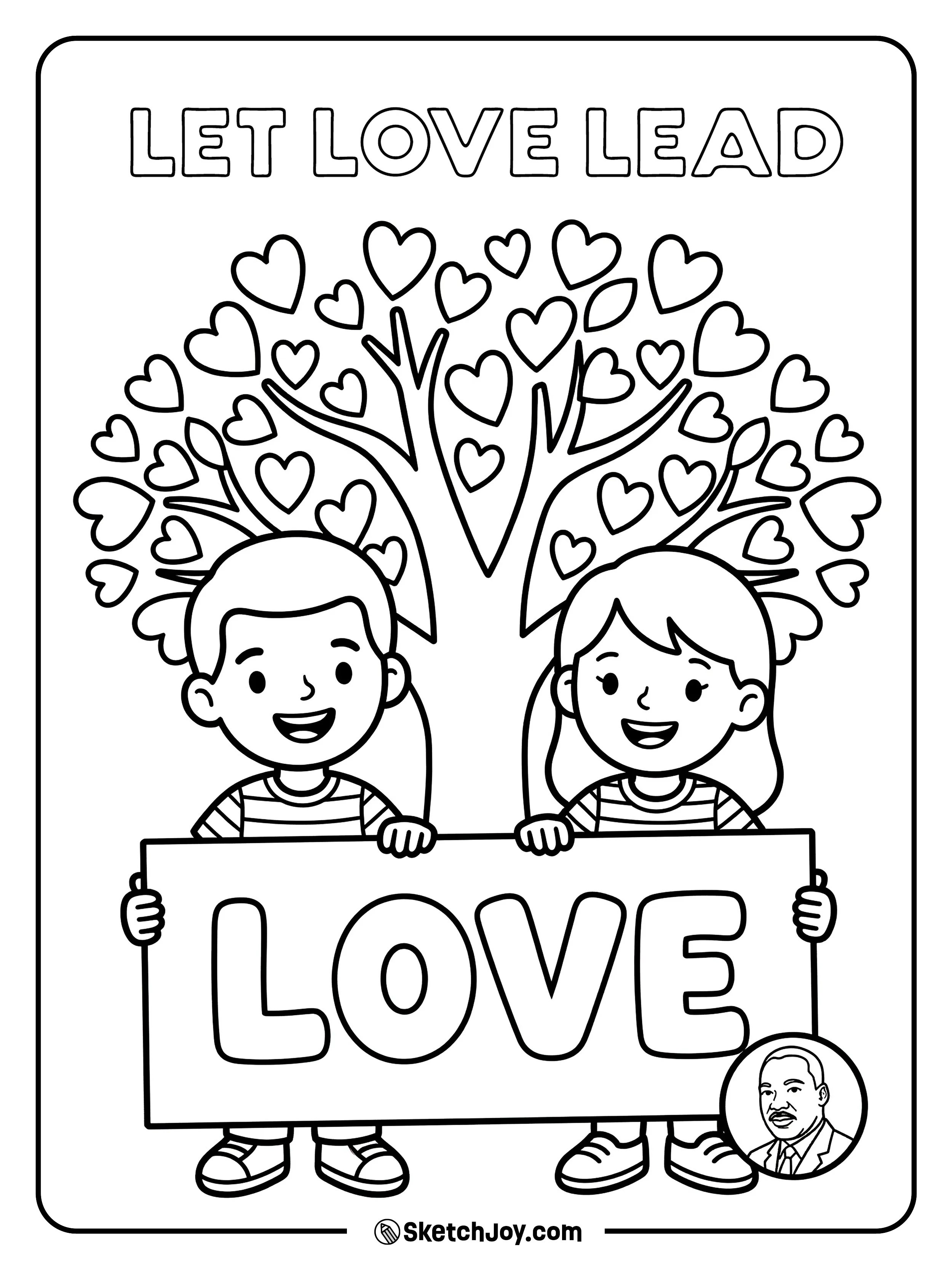 Kids hold a “LOVE” sign with hearts floating above.