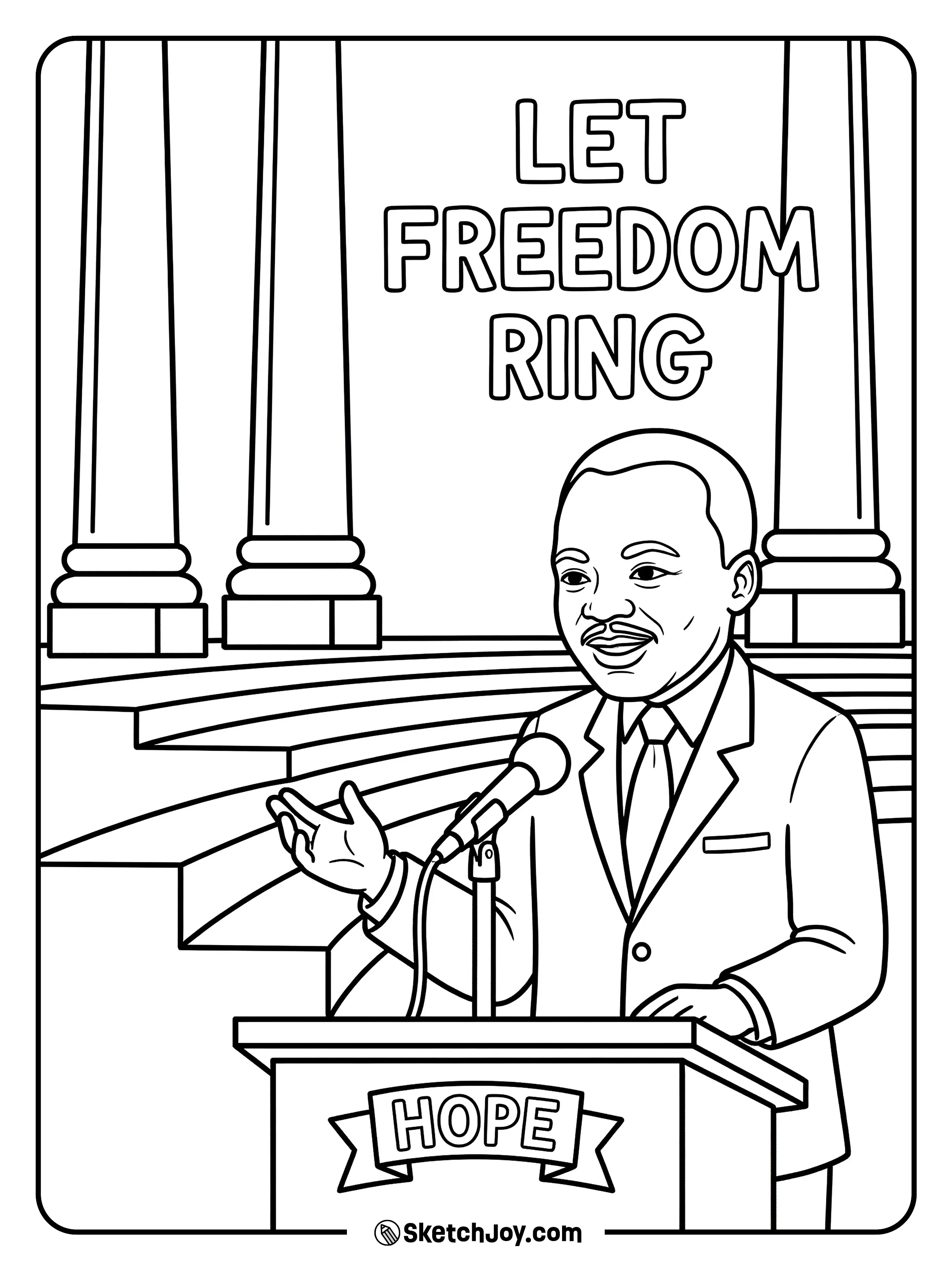 Dr. King speaks with simple steps and columns behind him.