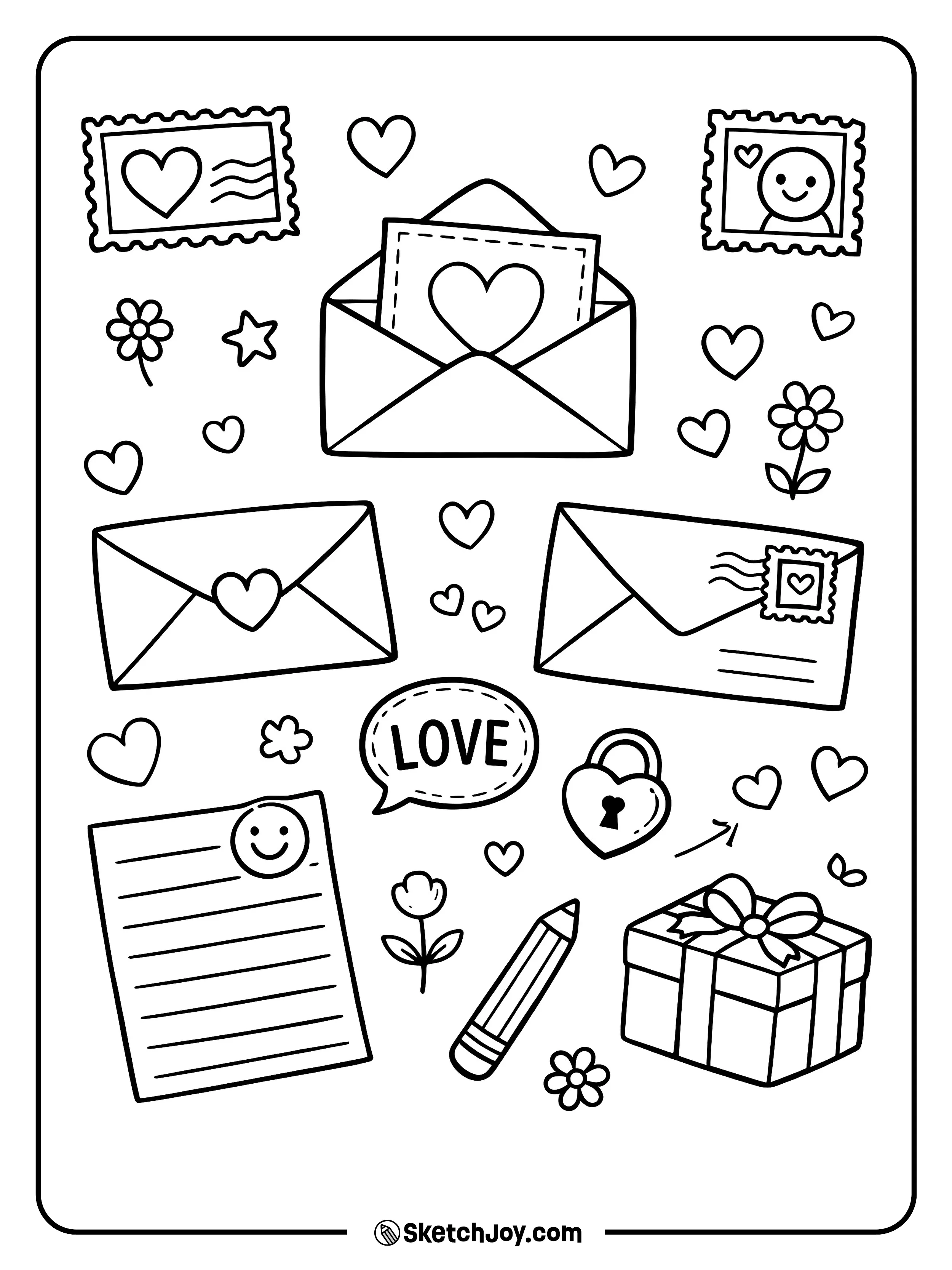 Love letters and stickers fill the page in a fun mix.