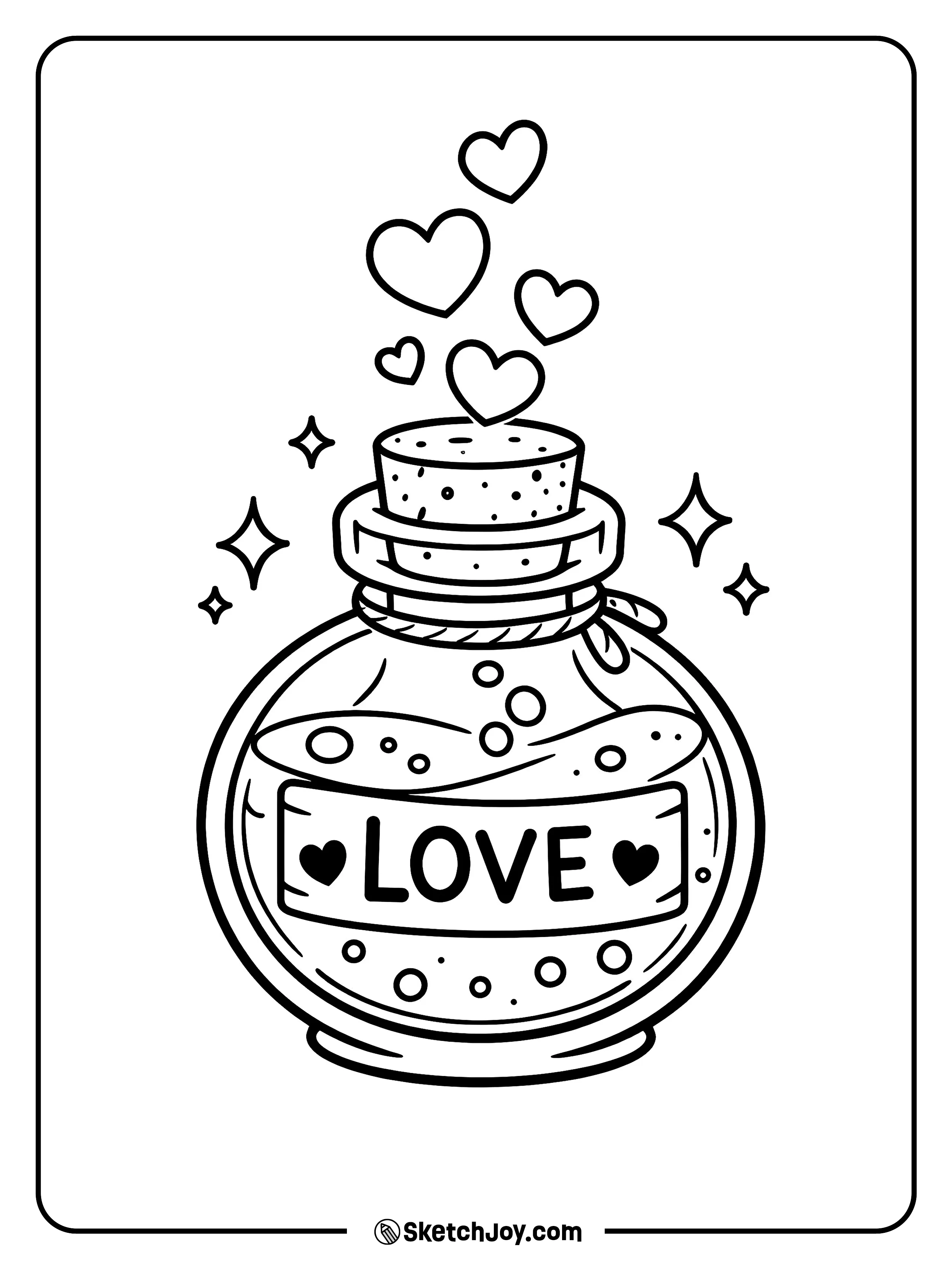 A potion bottle is labeled LOVE with hearts bubbling up.