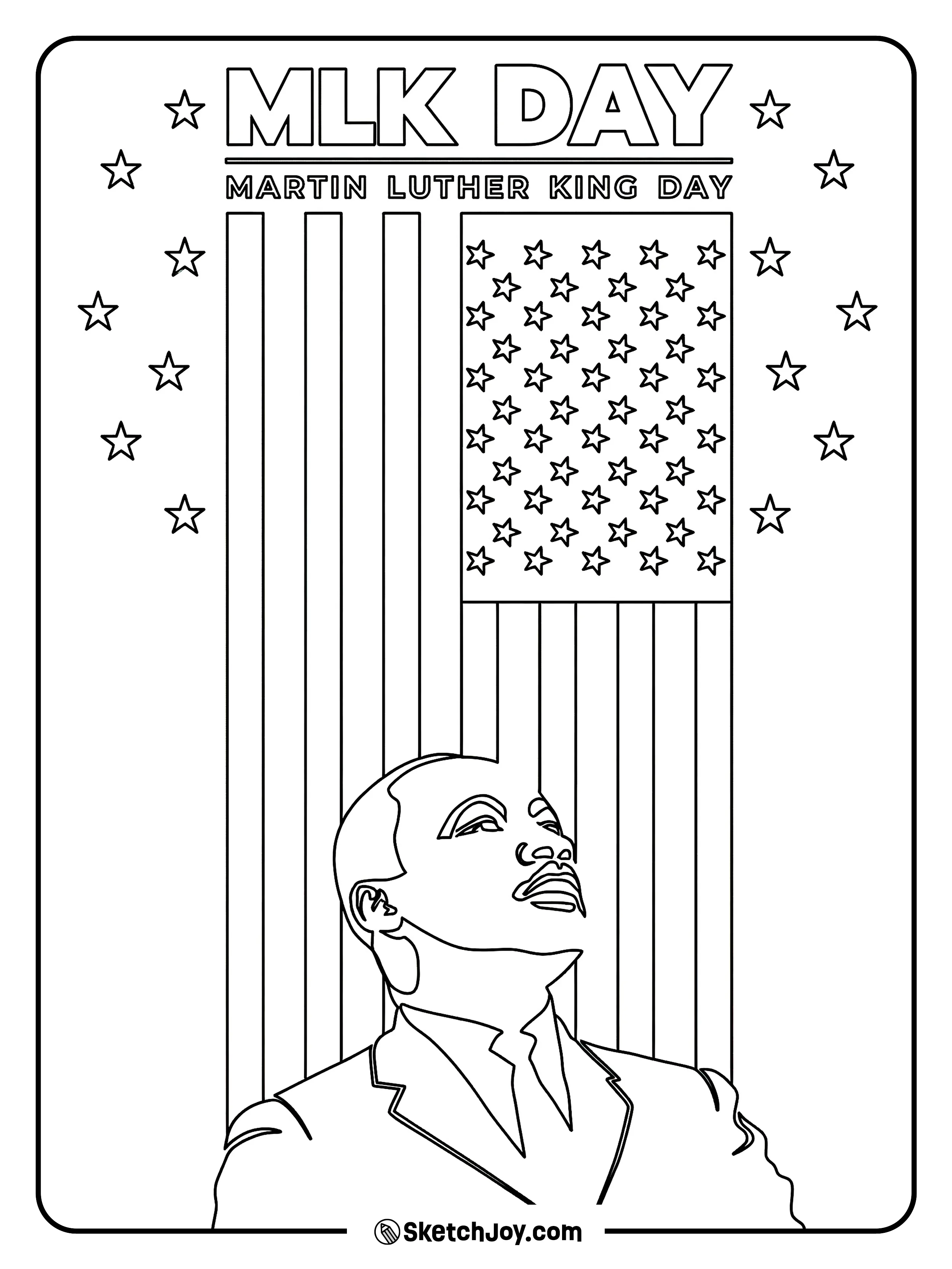 A tall U.S. flag design sits above a calm portrait of Dr. King with stars around the page.