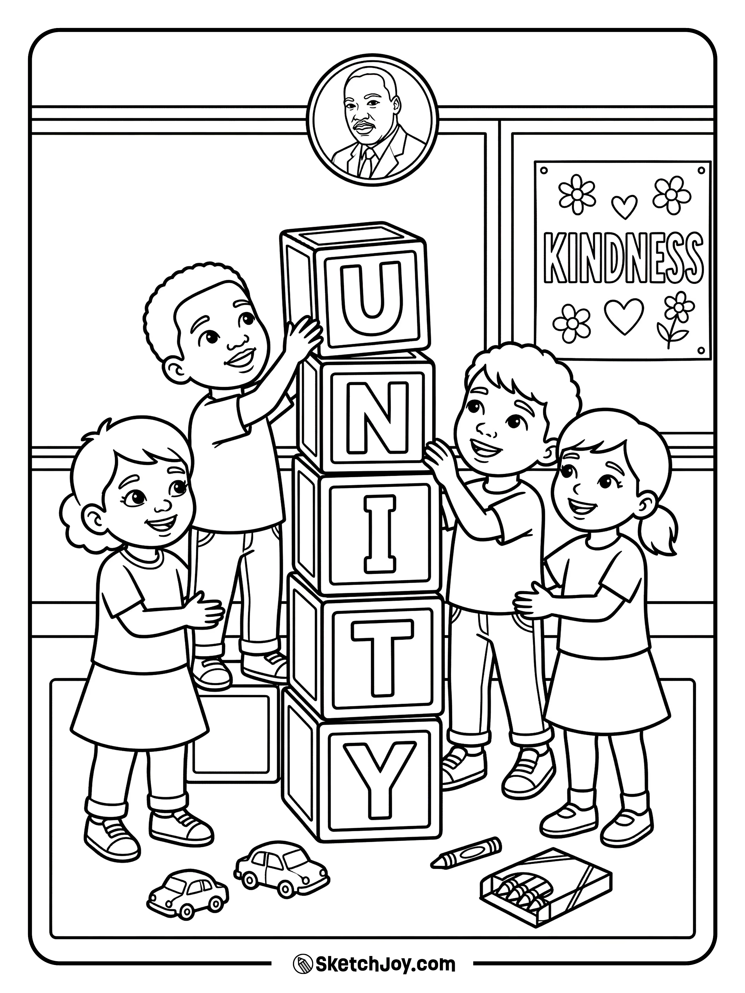 Kids build a big word “UNITY” like blocks with Dr. King above.