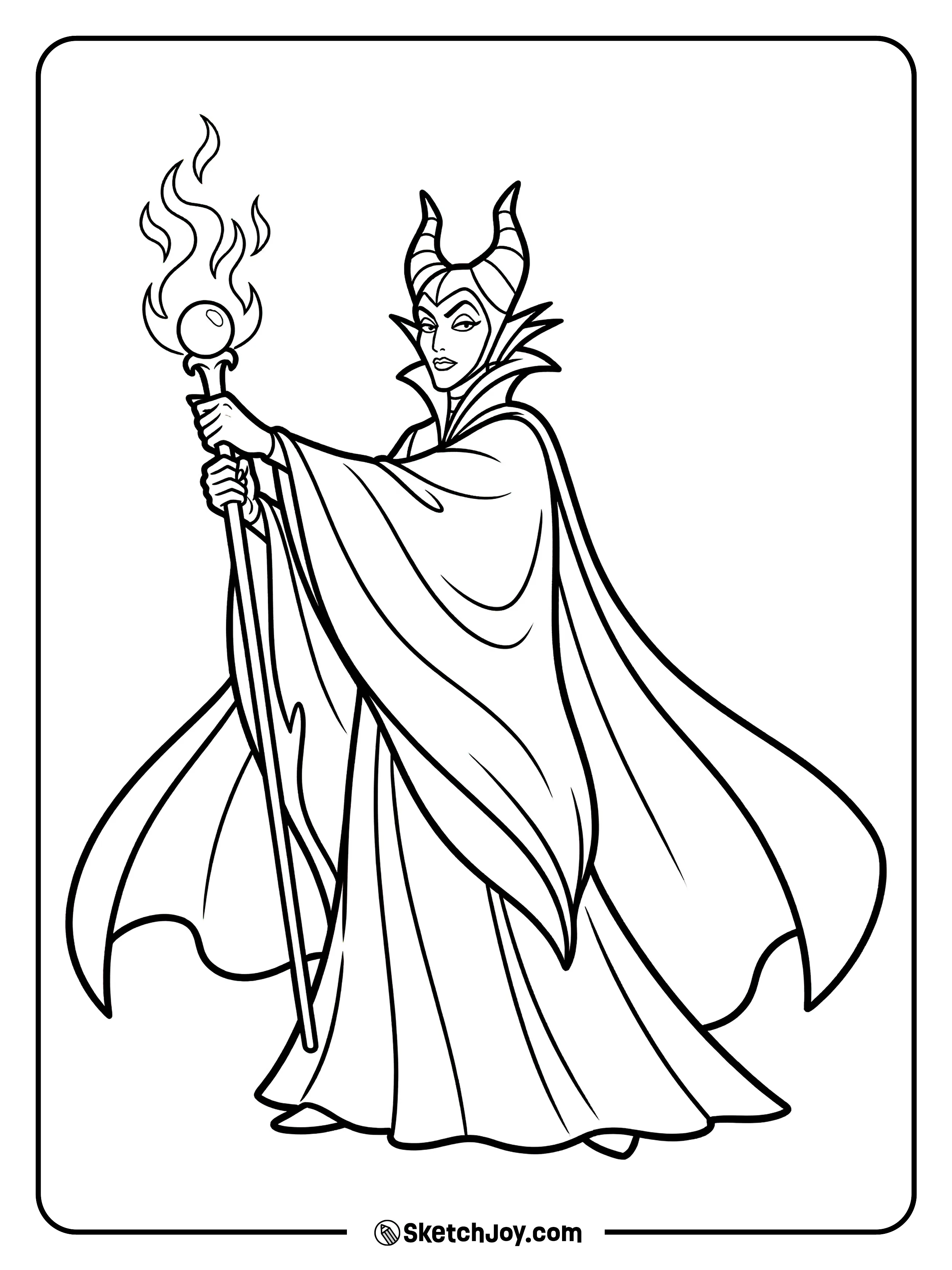 Maleficent stands tall with her staff and a sharp grin.