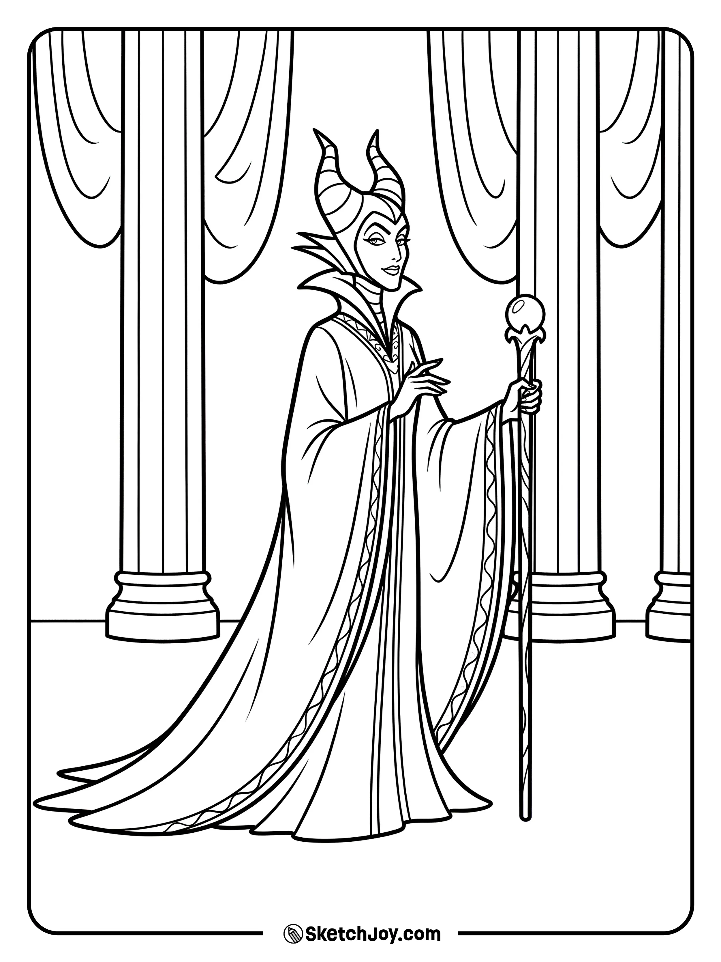 Maleficent arrives with a sharp look and her staff raised.