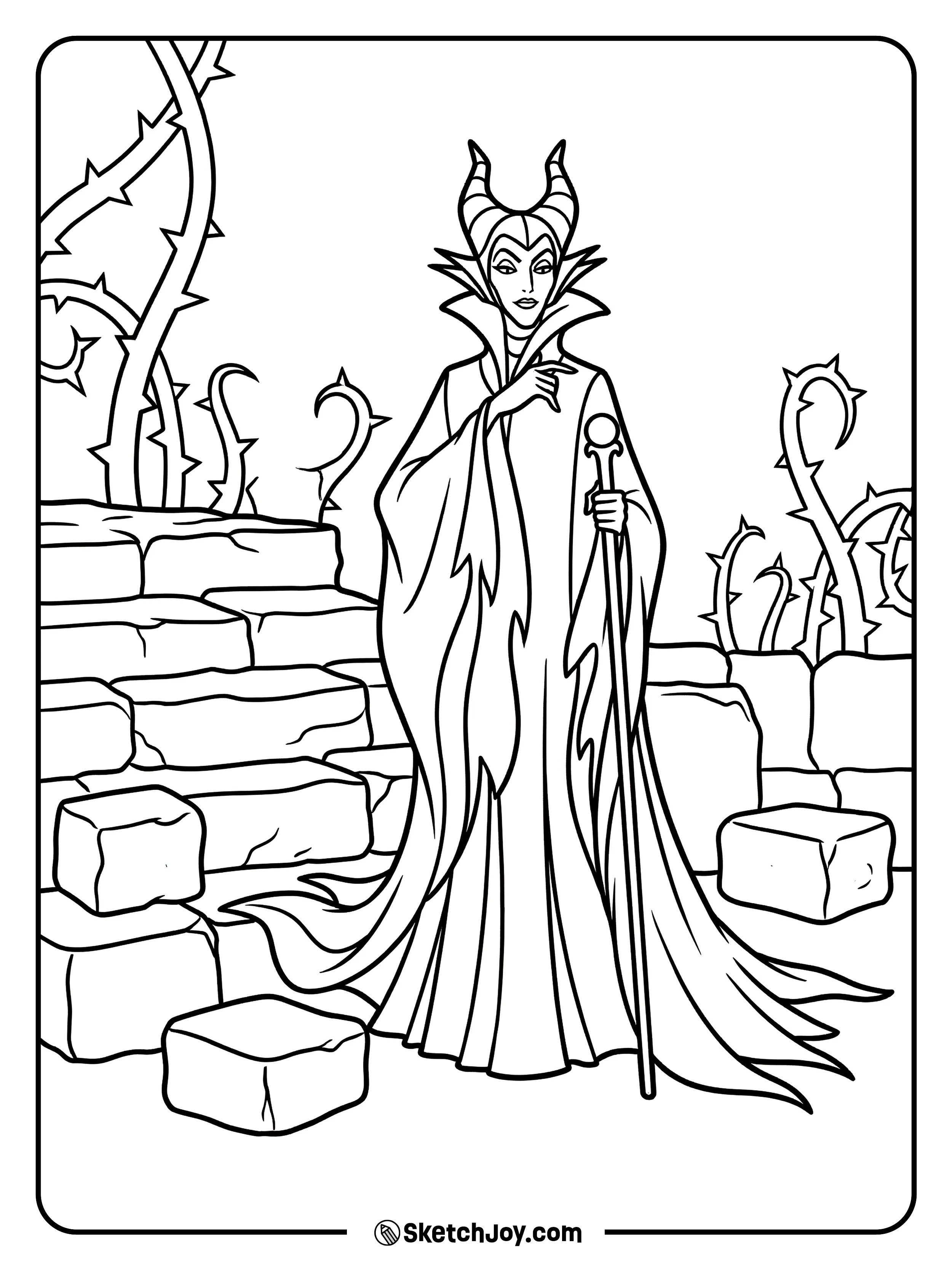 Maleficent stands near stone steps with thorny vines behind her.