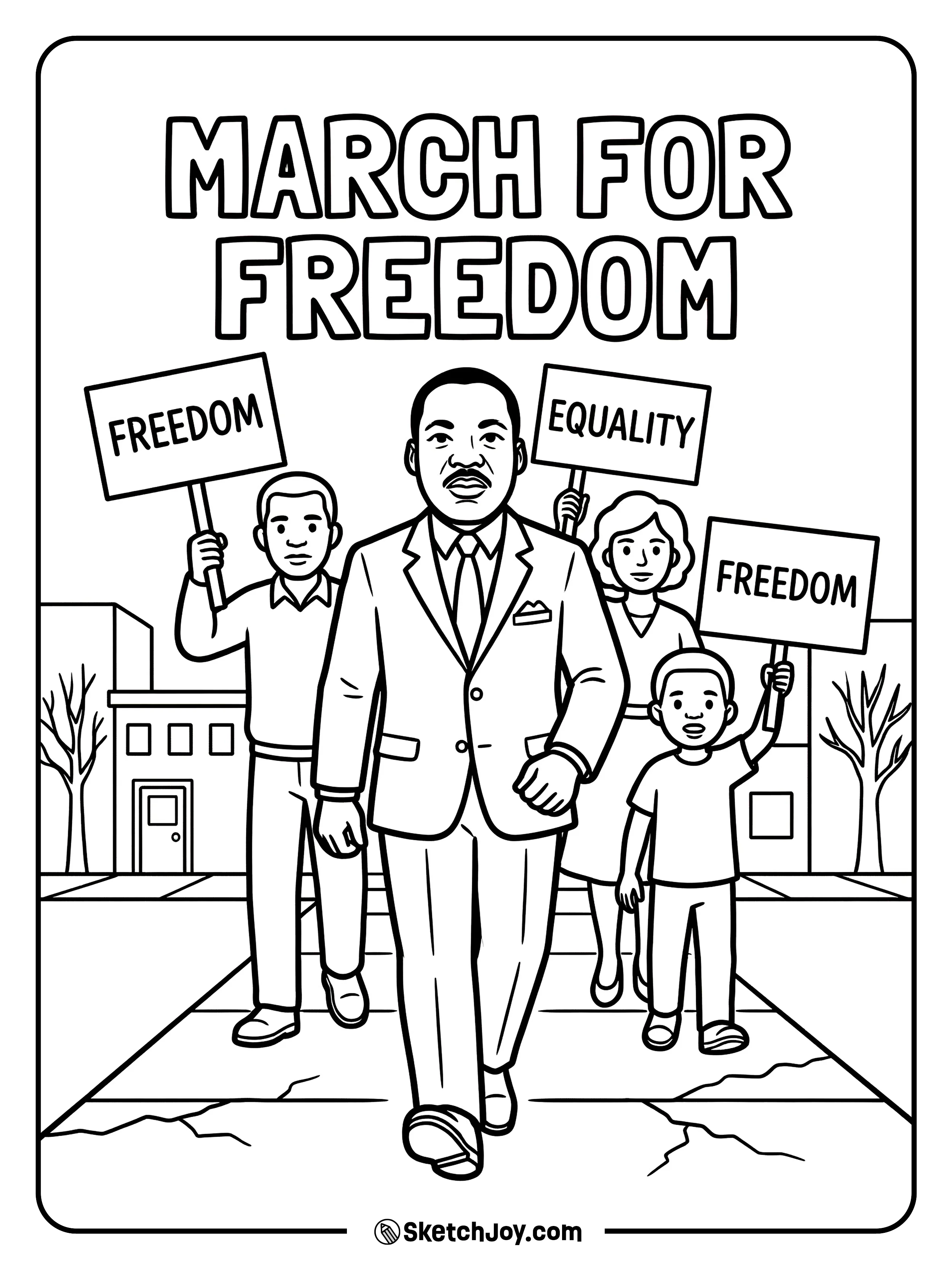 Dr. King walks with a small group holding simple “FREEDOM” signs.