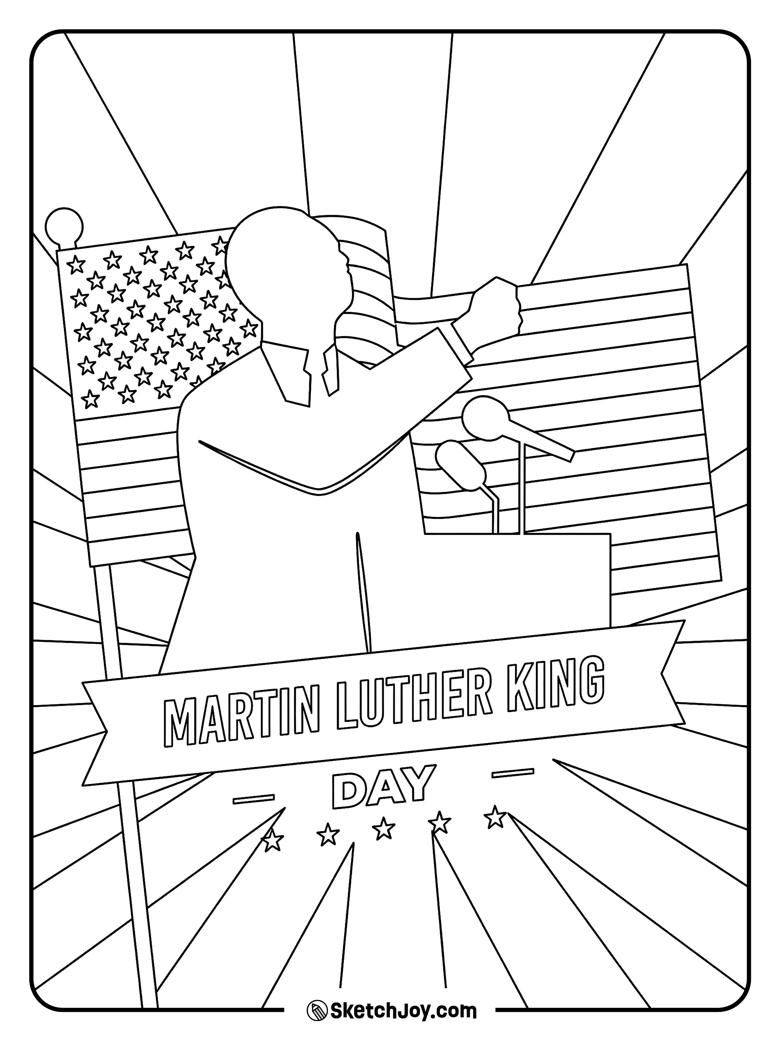 Dr. King stands at a podium with microphones, a flag behind him, and bright ray lines in the background.