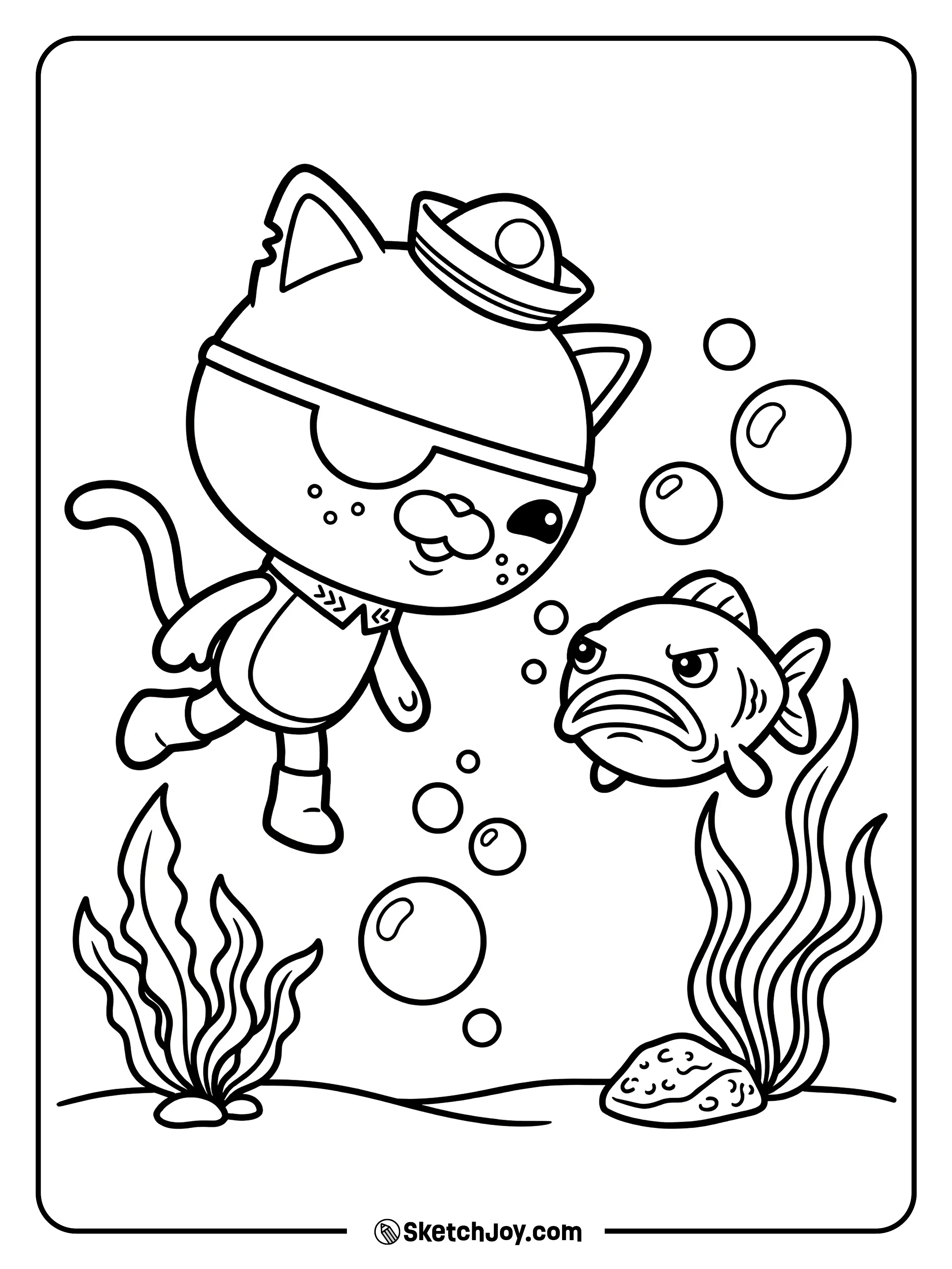 Kwazii watches a funny frown fish near simple seaweed.