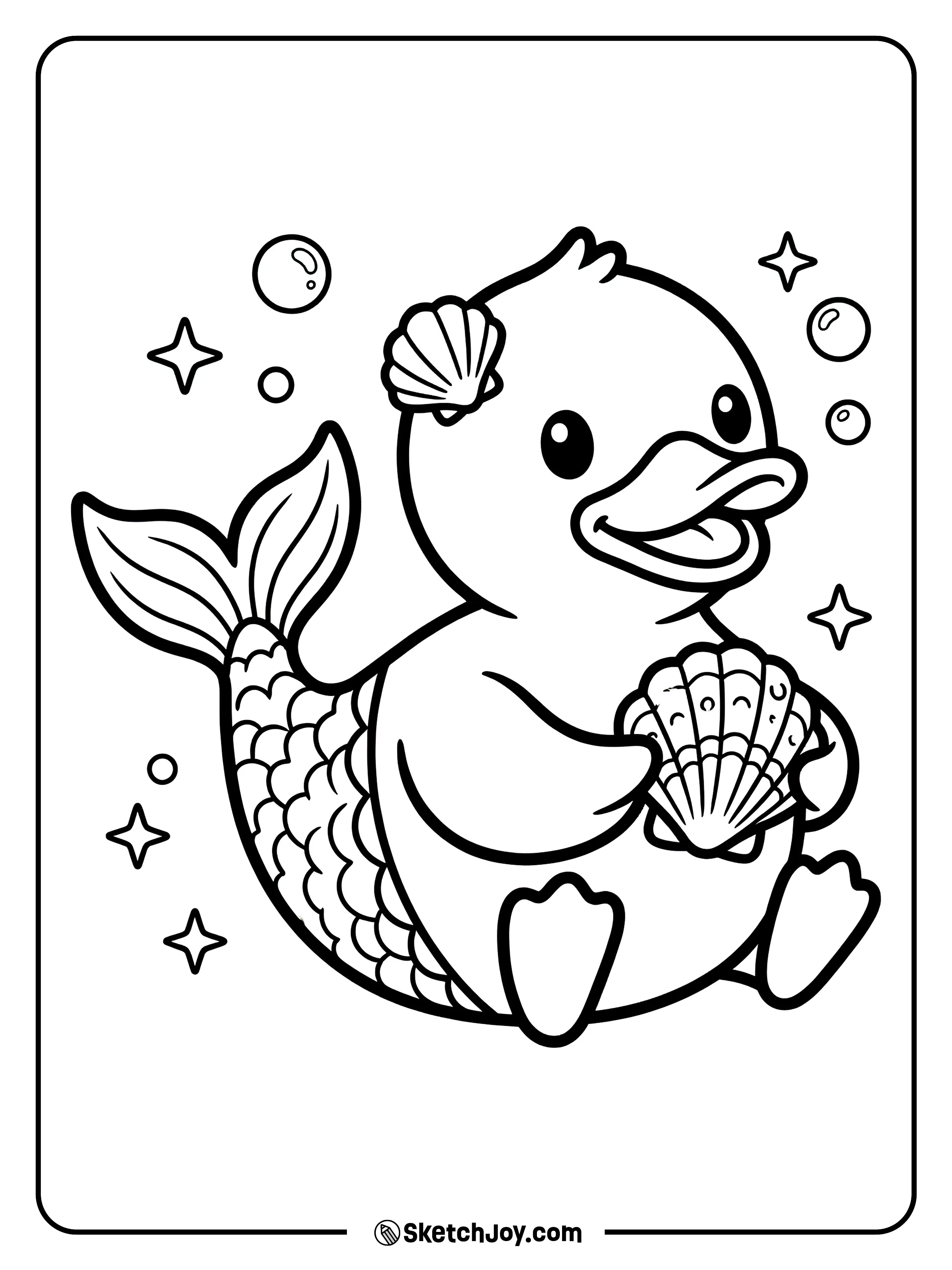 A rubber duck with mermaid tail and seashell.