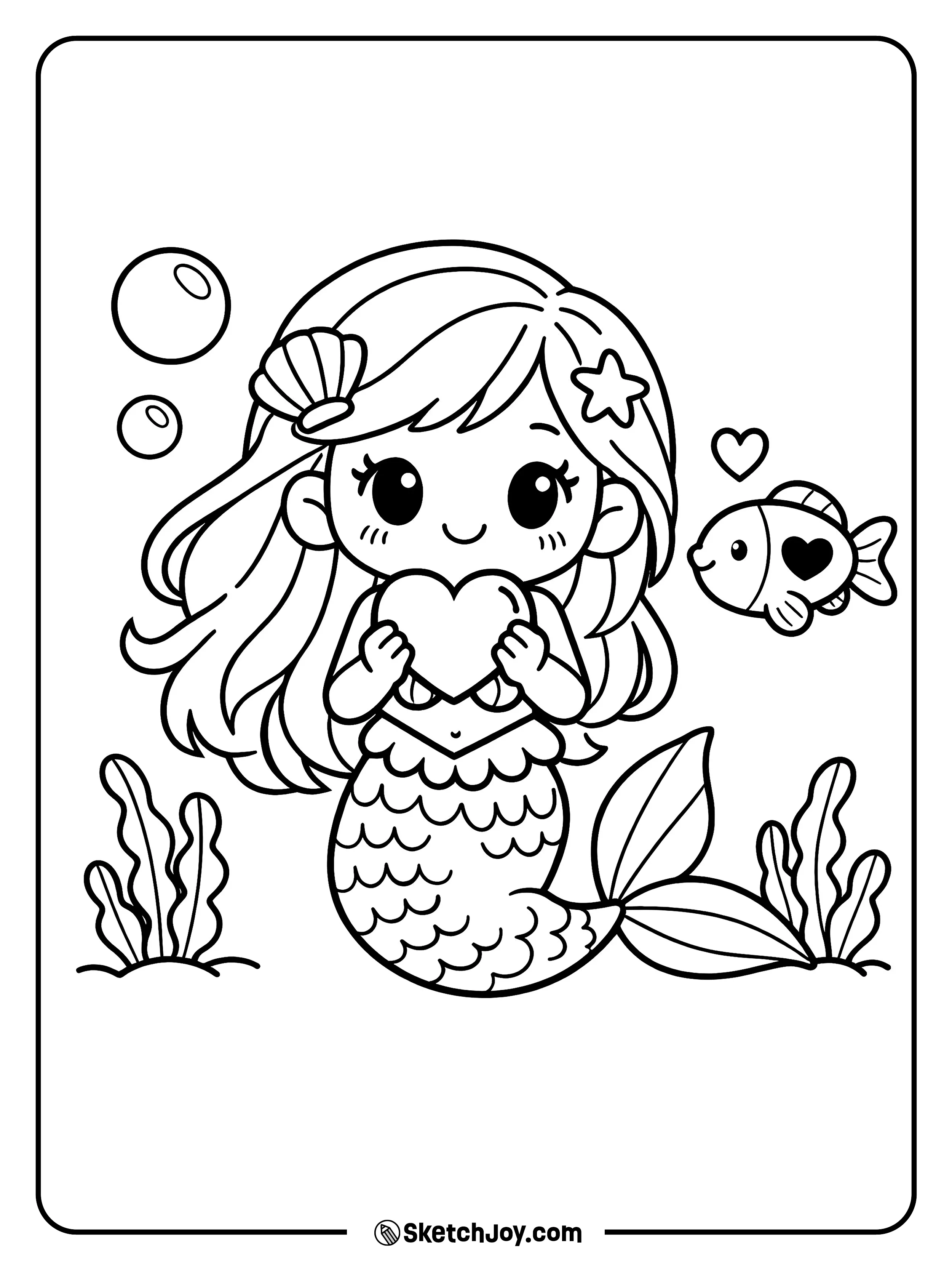 A mermaid holds a heart-shaped pearl underwater.
