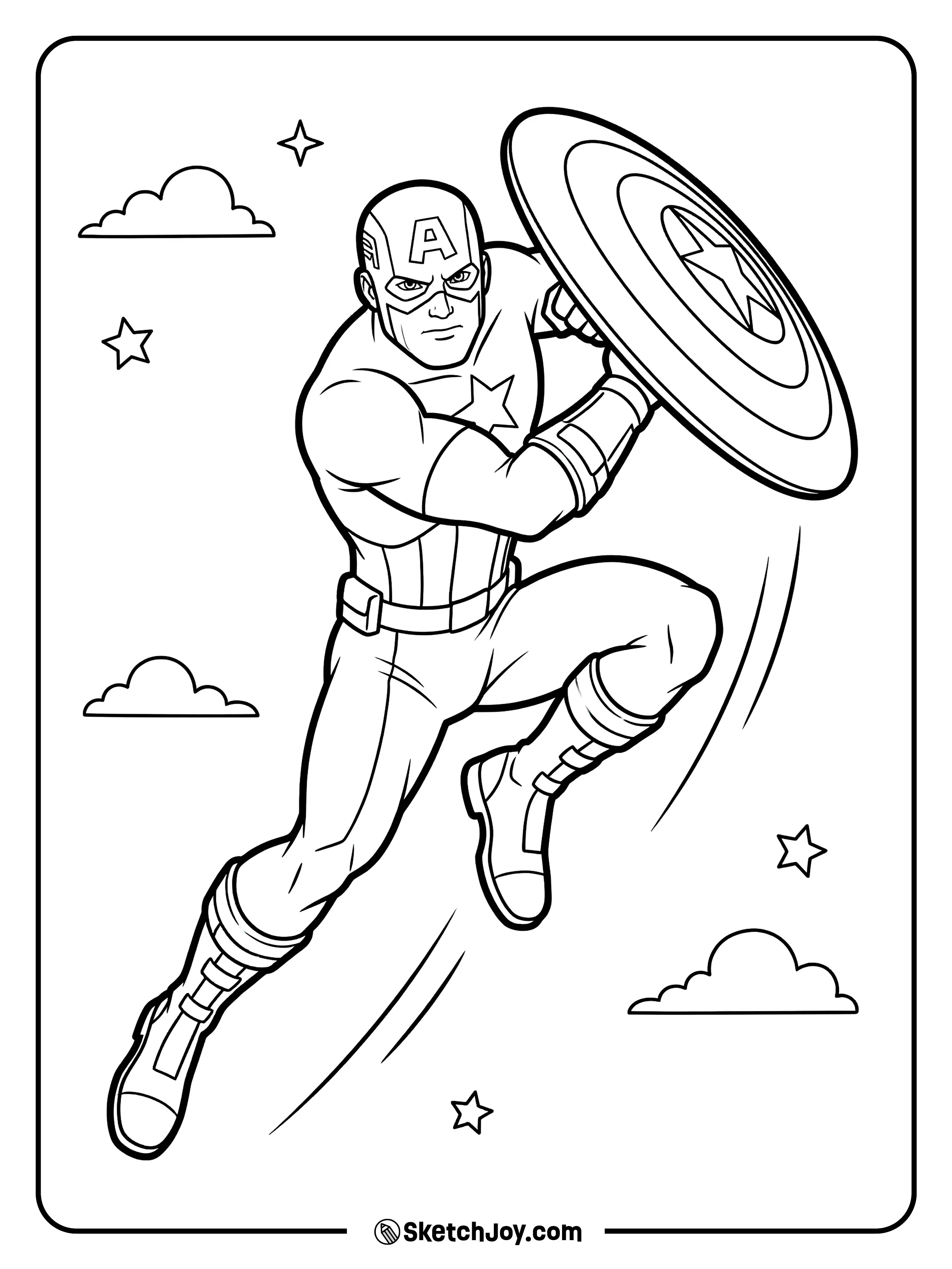 He jumps with energy and holds the shield high.