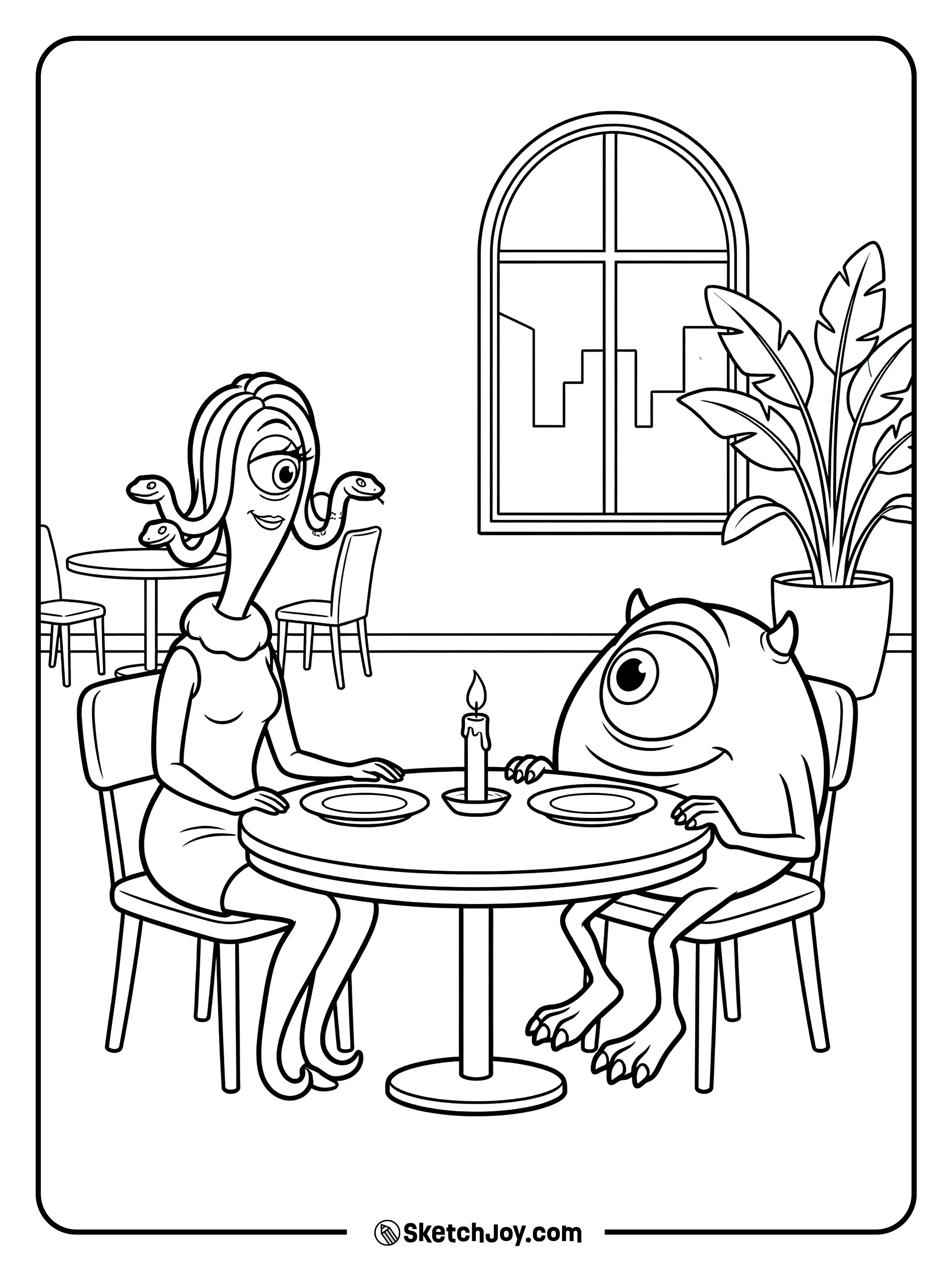 Mike and Celia sit at a small table and chat.