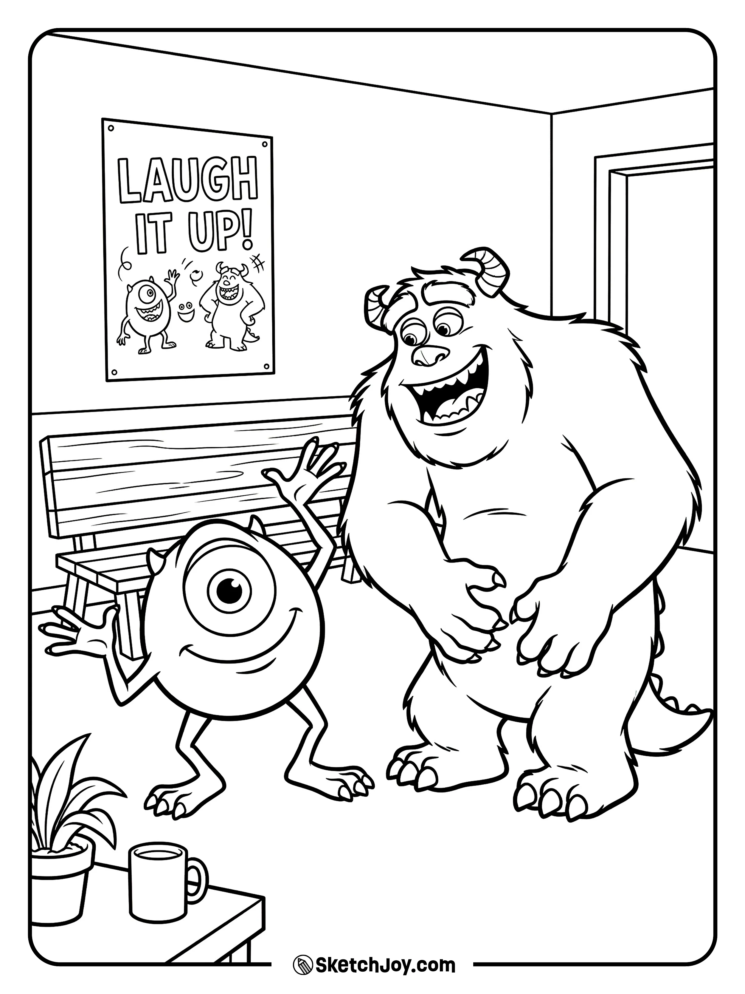 Mike tells a joke while Sulley laughs out loud.