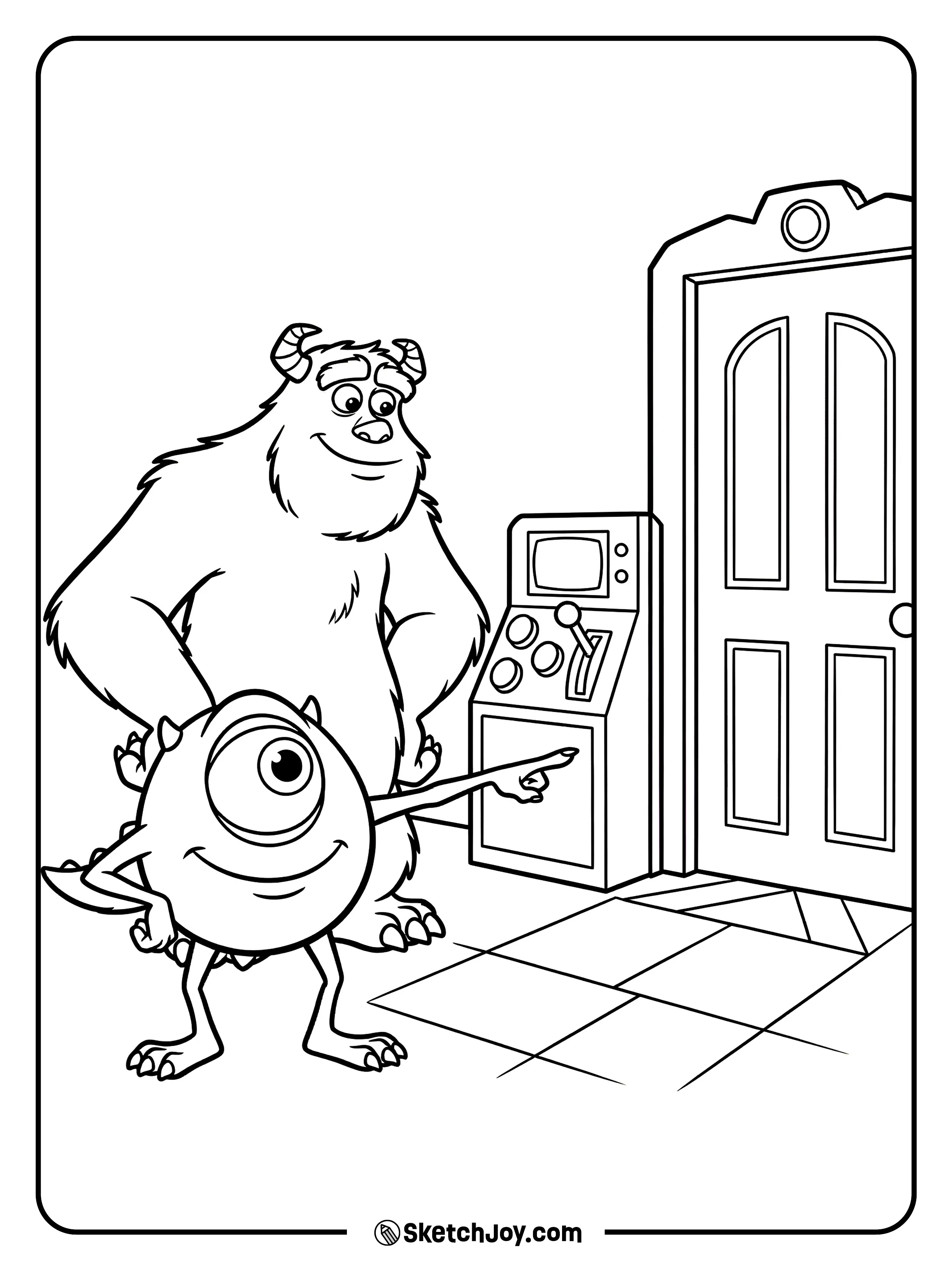 Mike points at a door while Sulley gets ready to work.