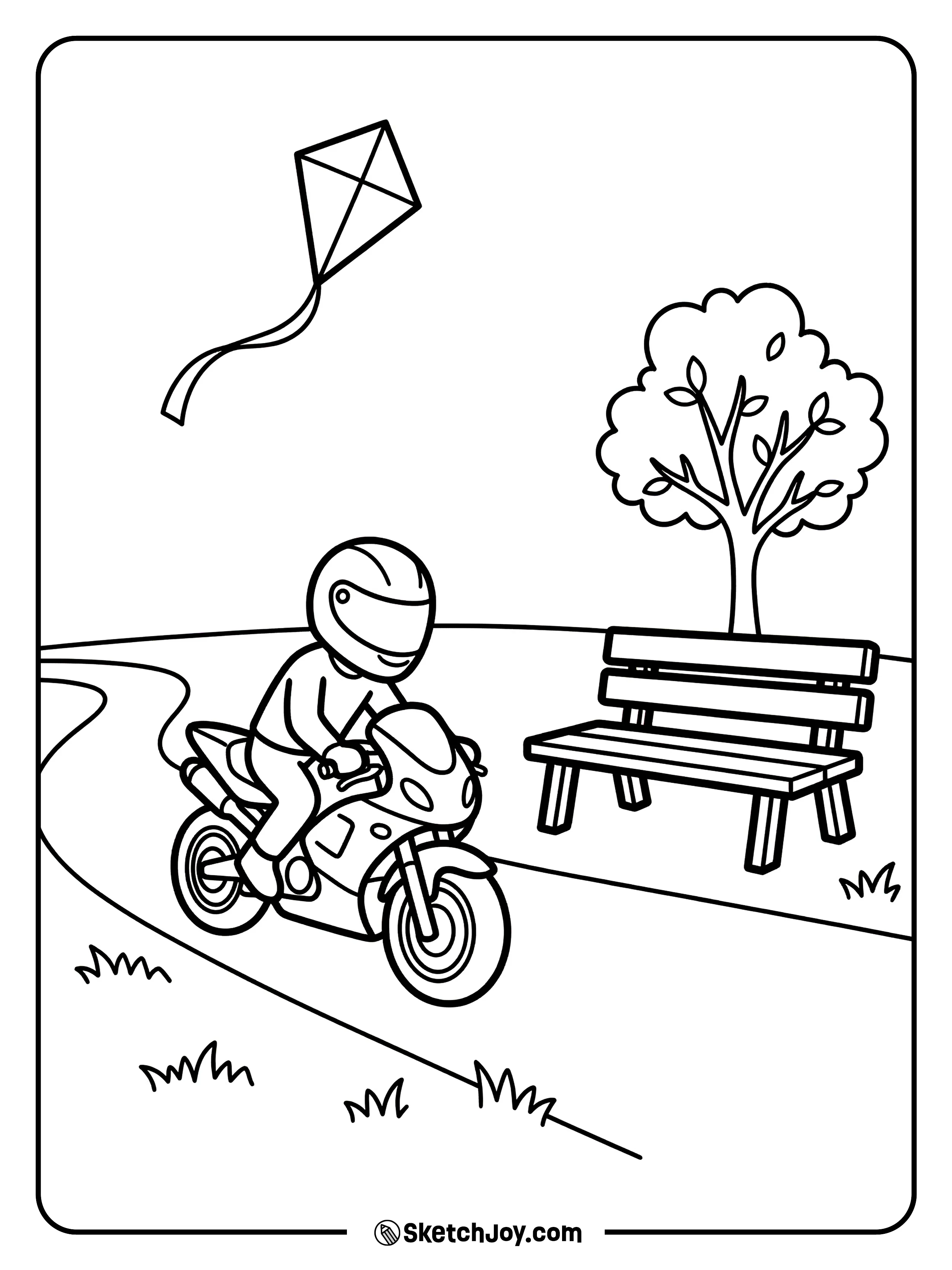 A small bike rides past a bench and a kite in the sky.