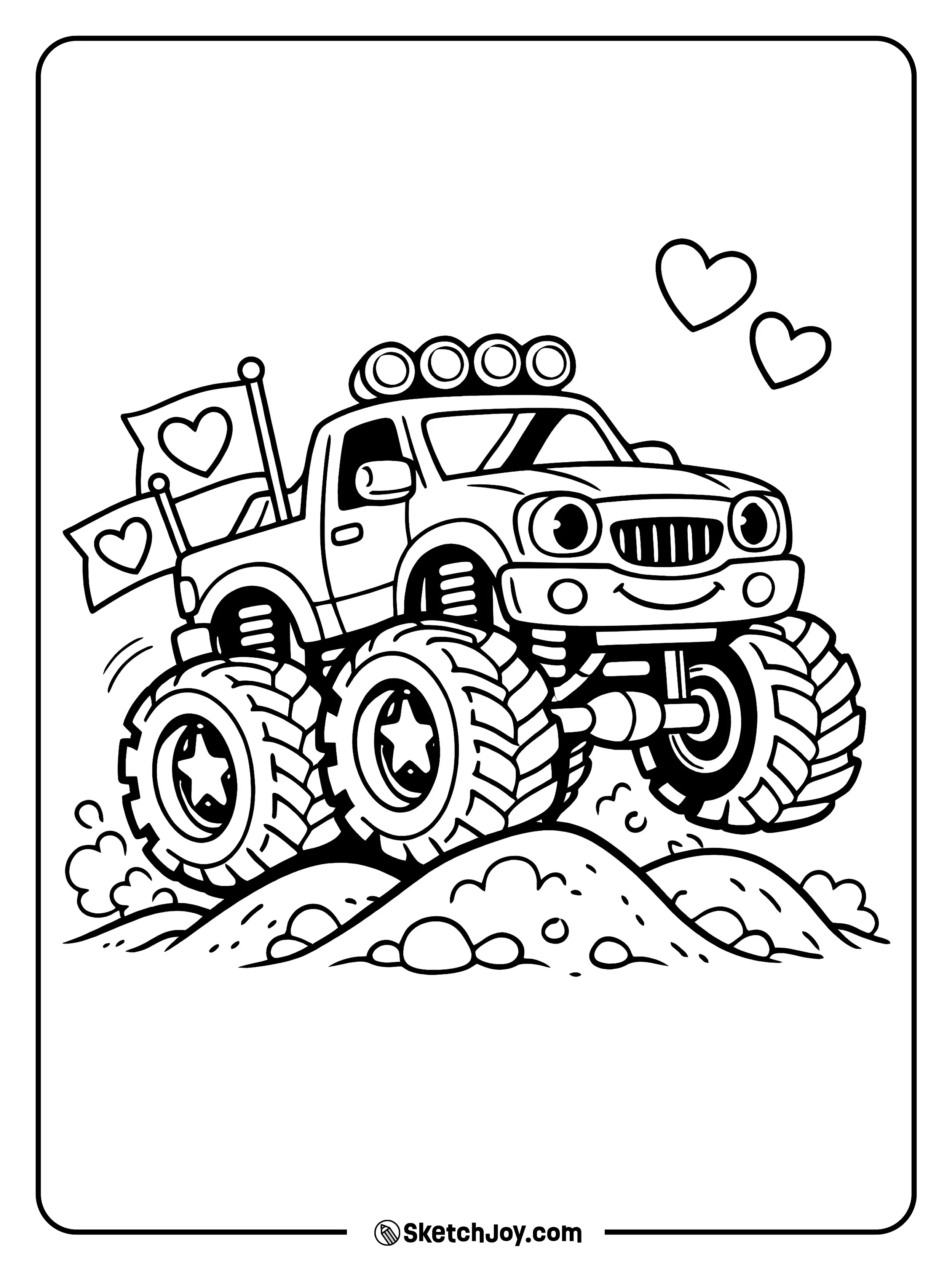 A big truck rolls by with heart flags waving.