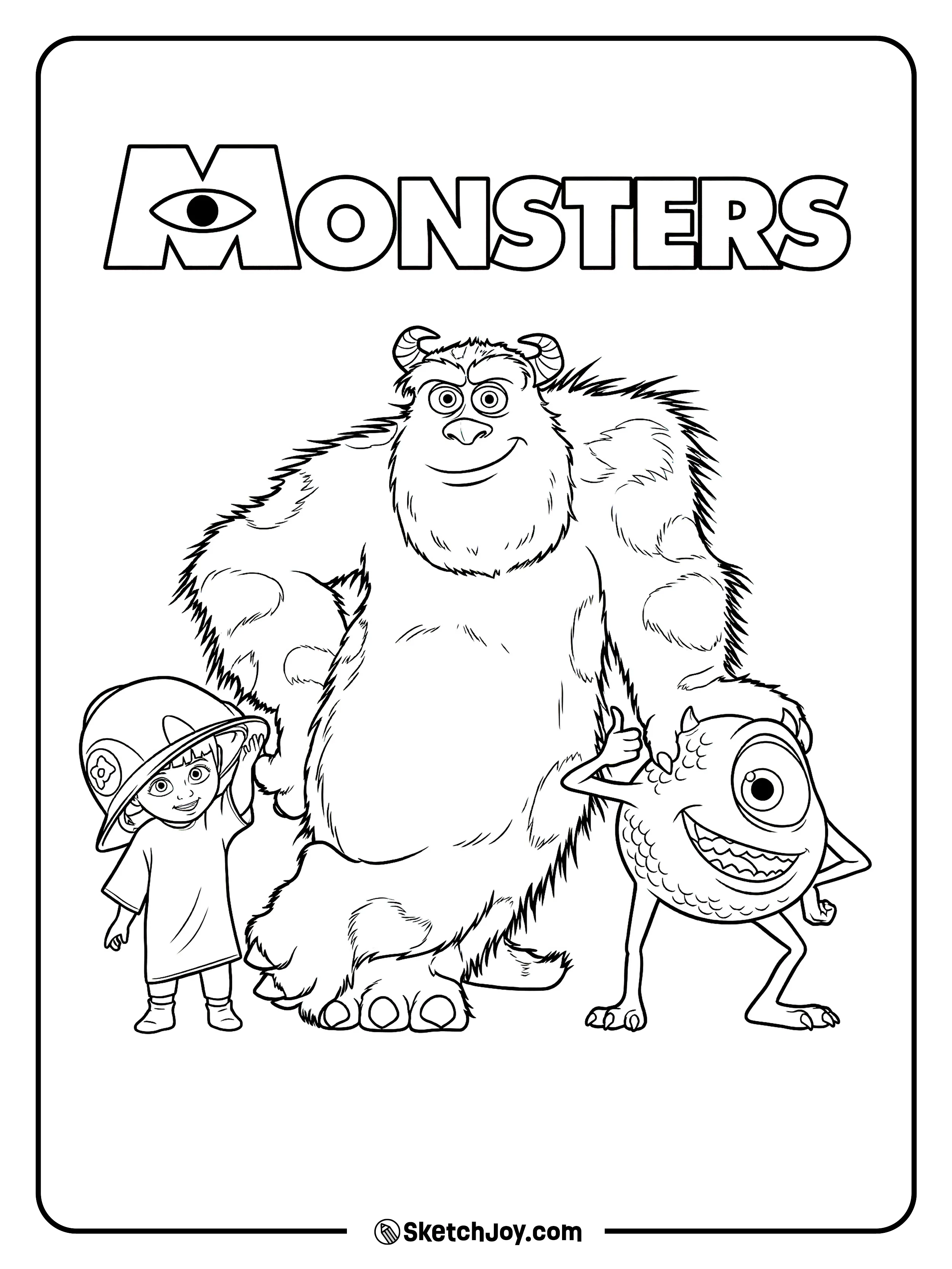 Boo, Sulley, and Mike pose together under a big Monsters sign.