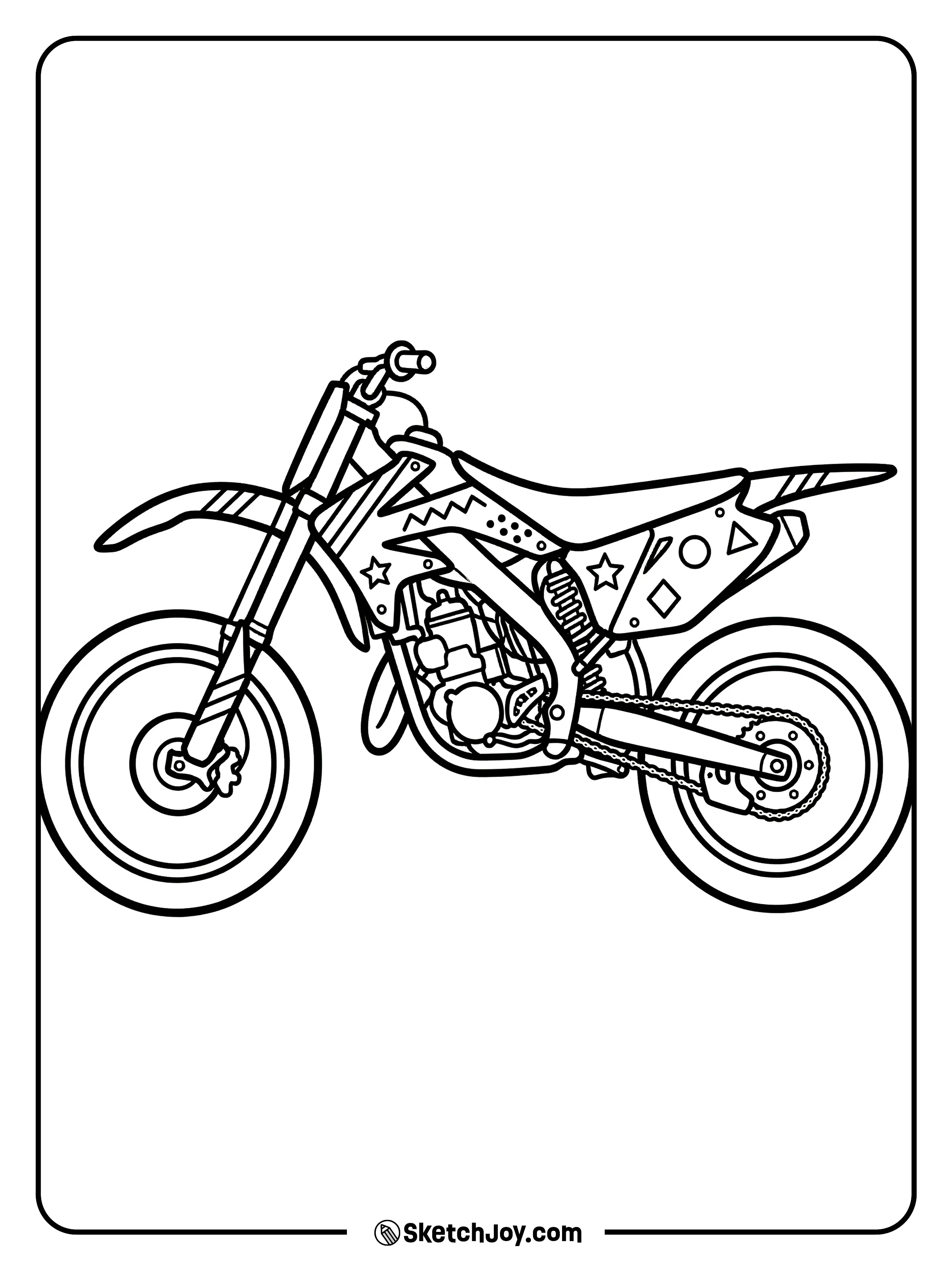 A dirt bike has bold panels with shapes to color.