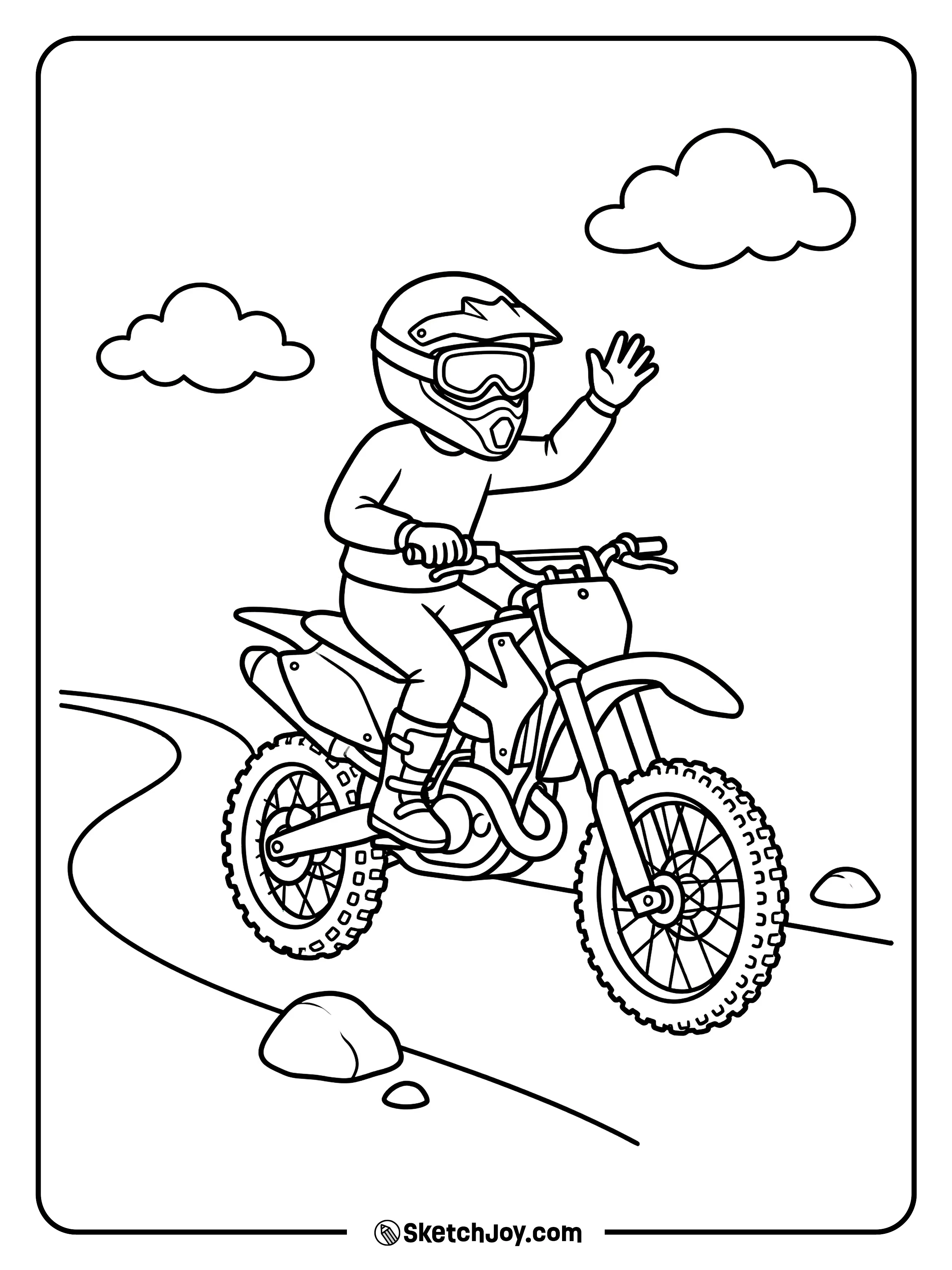 A rider on a dirt bike lifts one hand in a friendly wave.