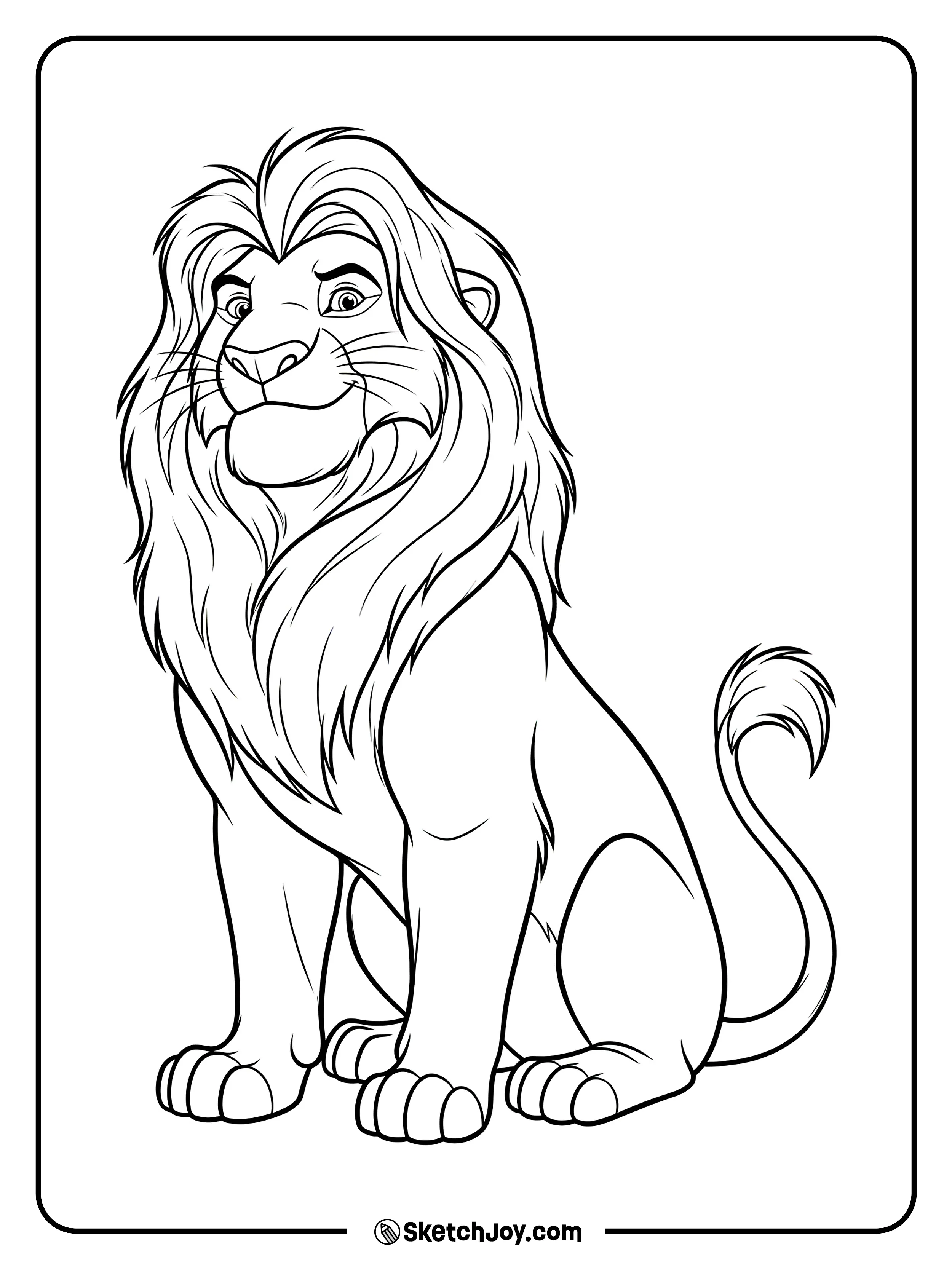 Mufasa sits with a peaceful look and a royal feel.