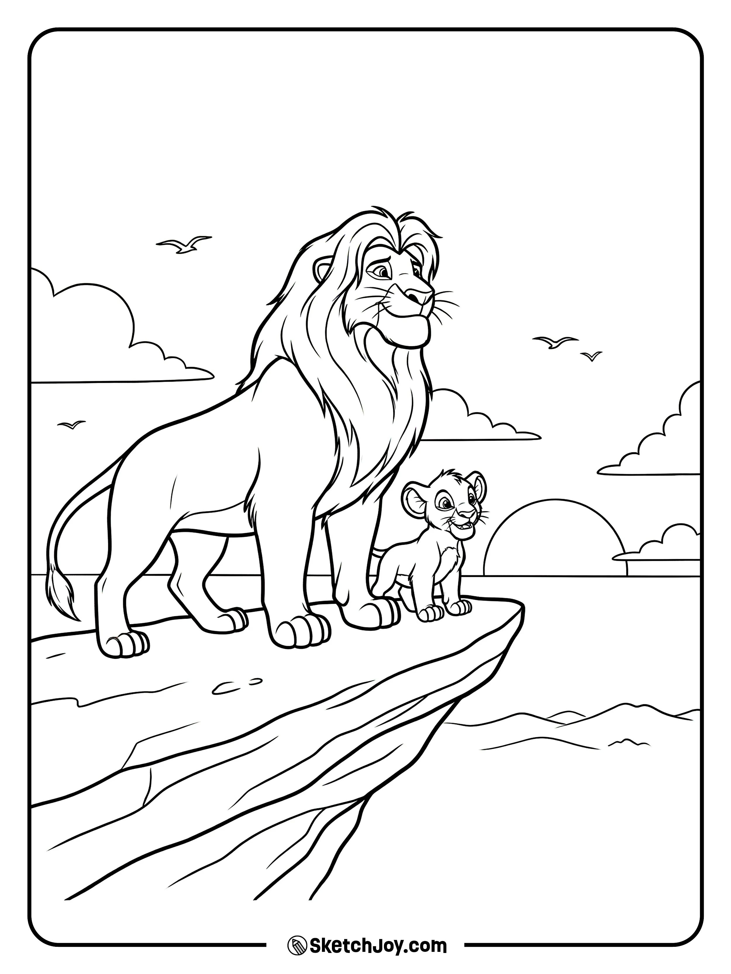 Mufasa stands with Simba on a high ledge as the sun comes up.