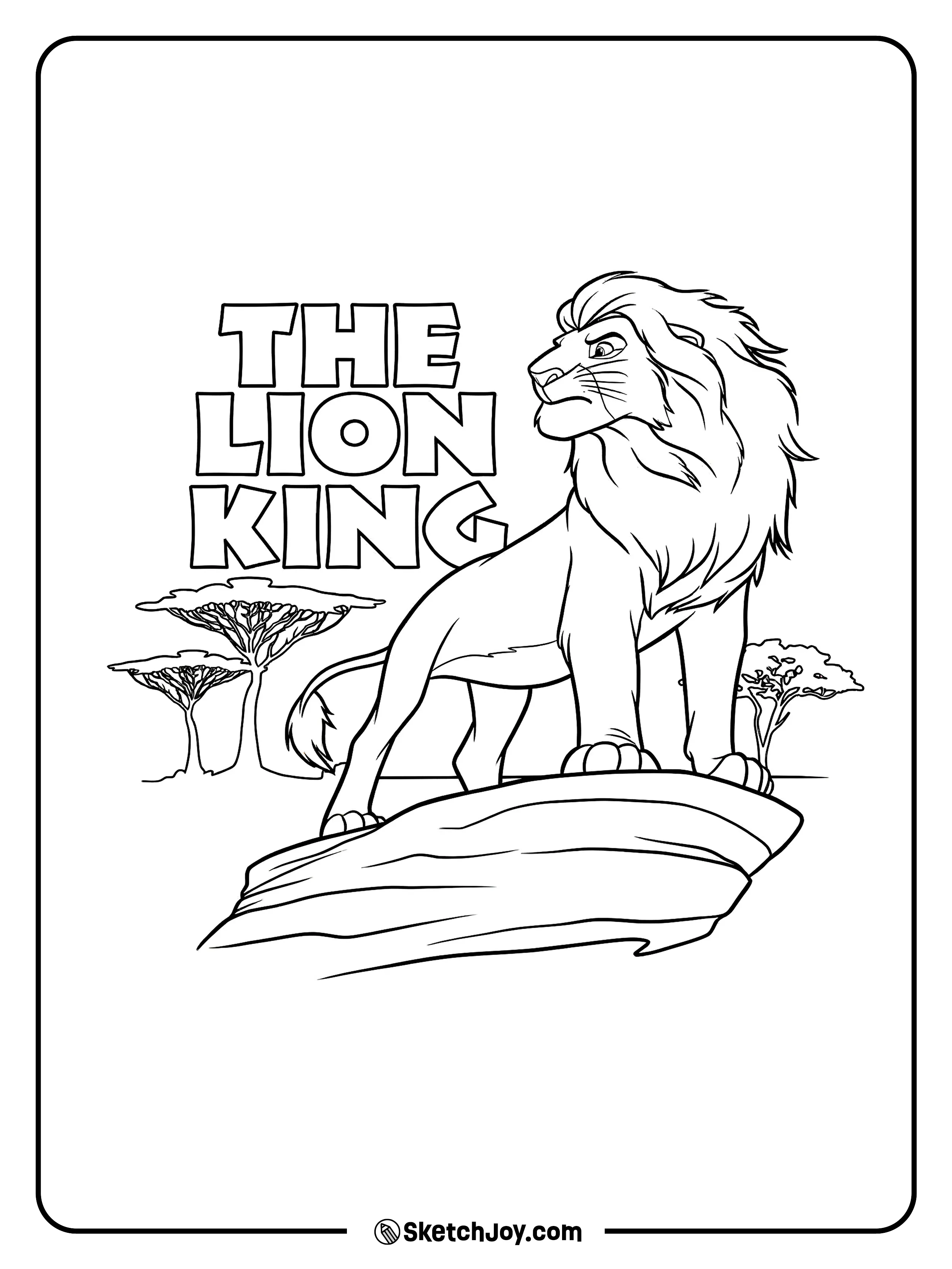 Mufasa stands on Pride Rock and looks over the Pride Lands.