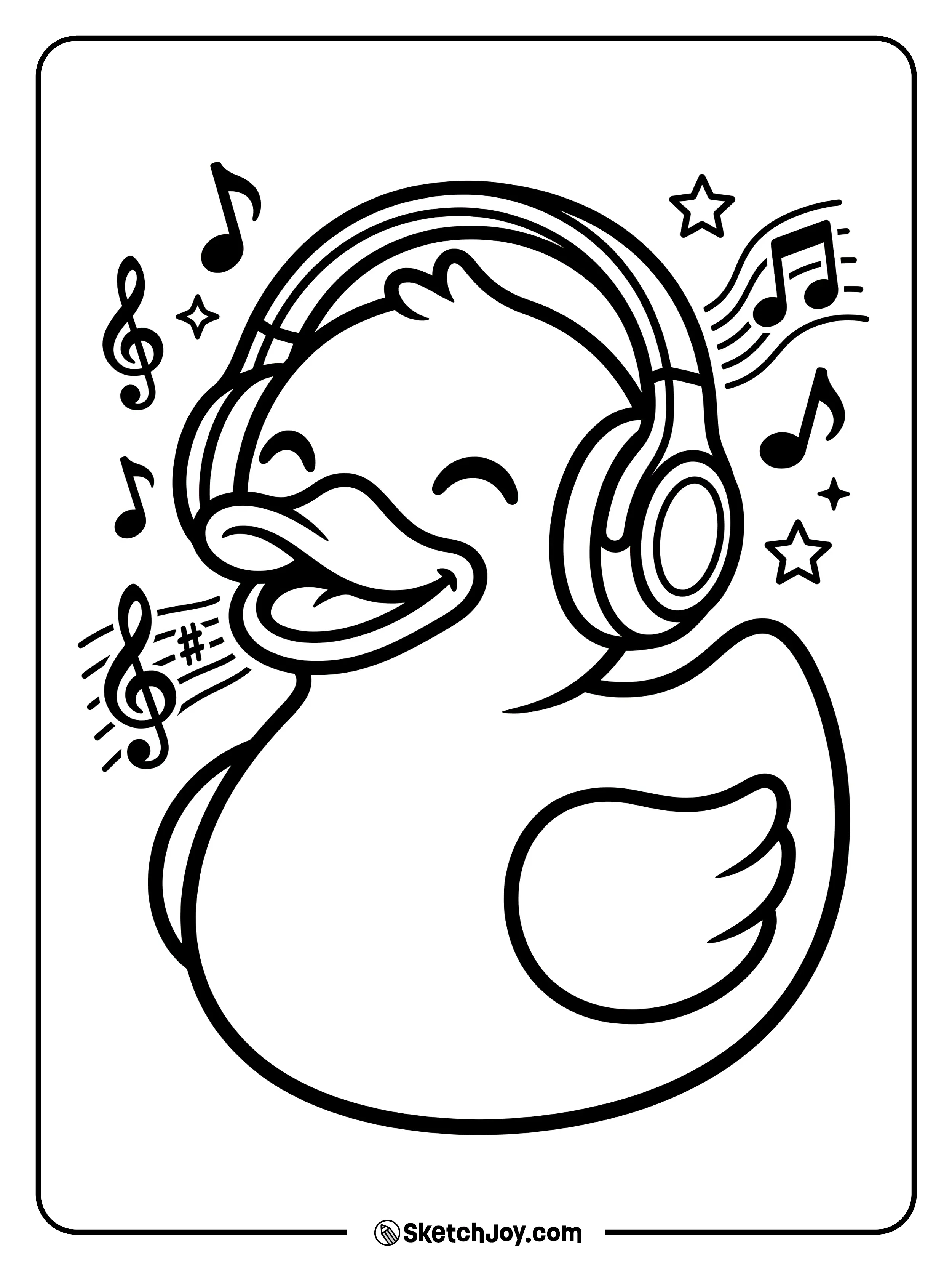 A rubber duck with headphones and notes.