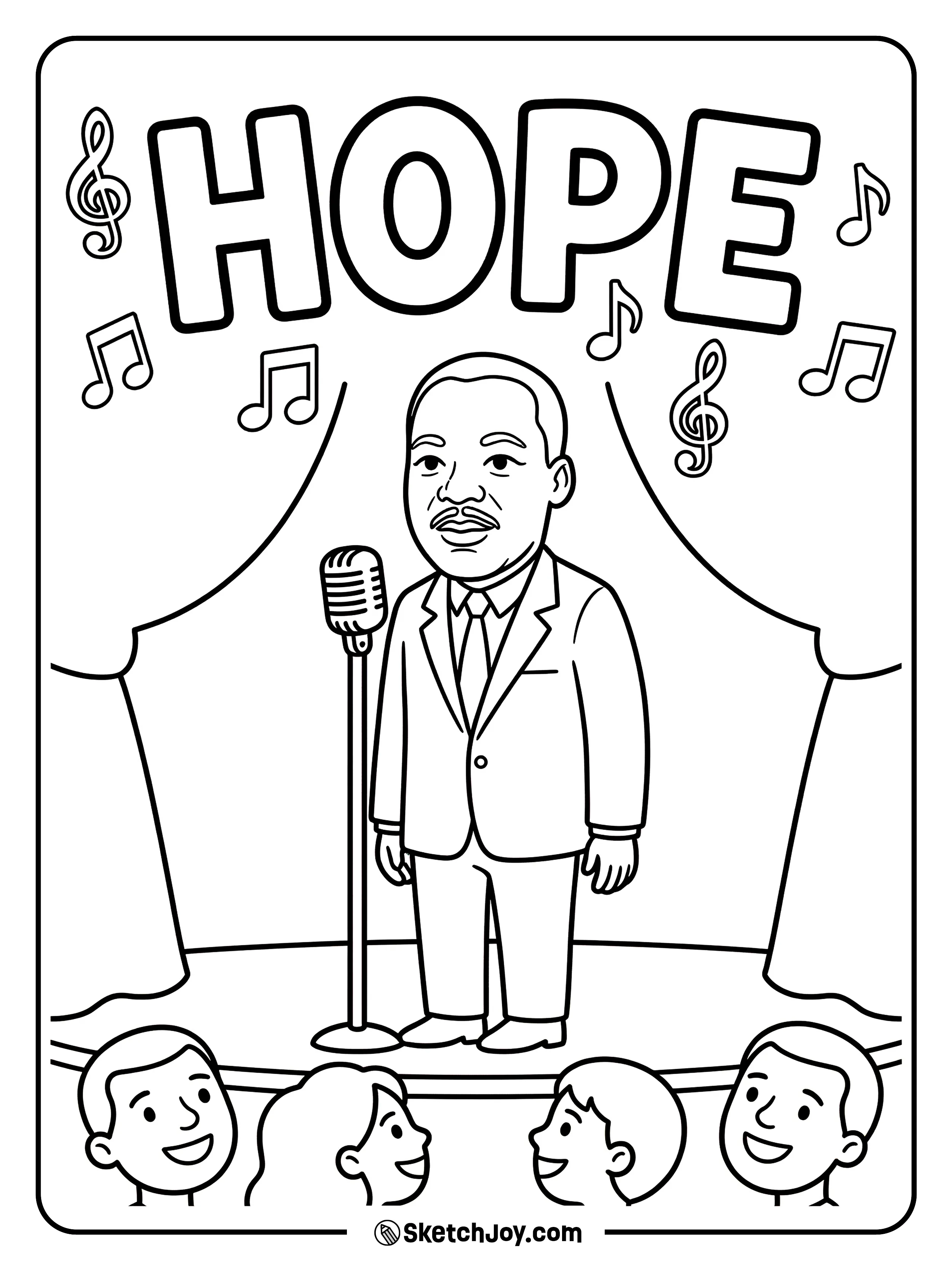 Musical notes float near “HOPE” while Dr. King speaks.