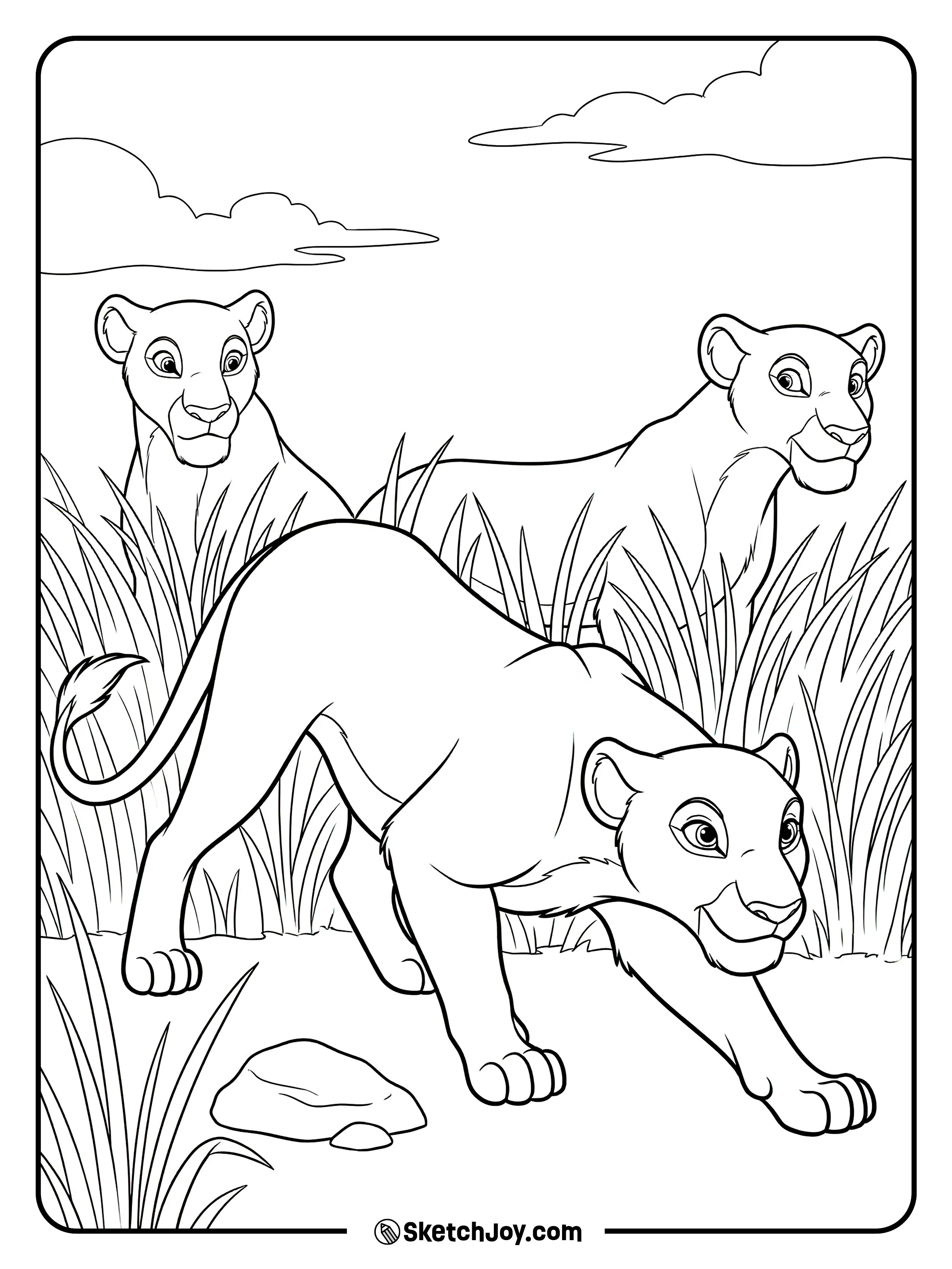 Nala creeps forward while two lionesses follow behind.