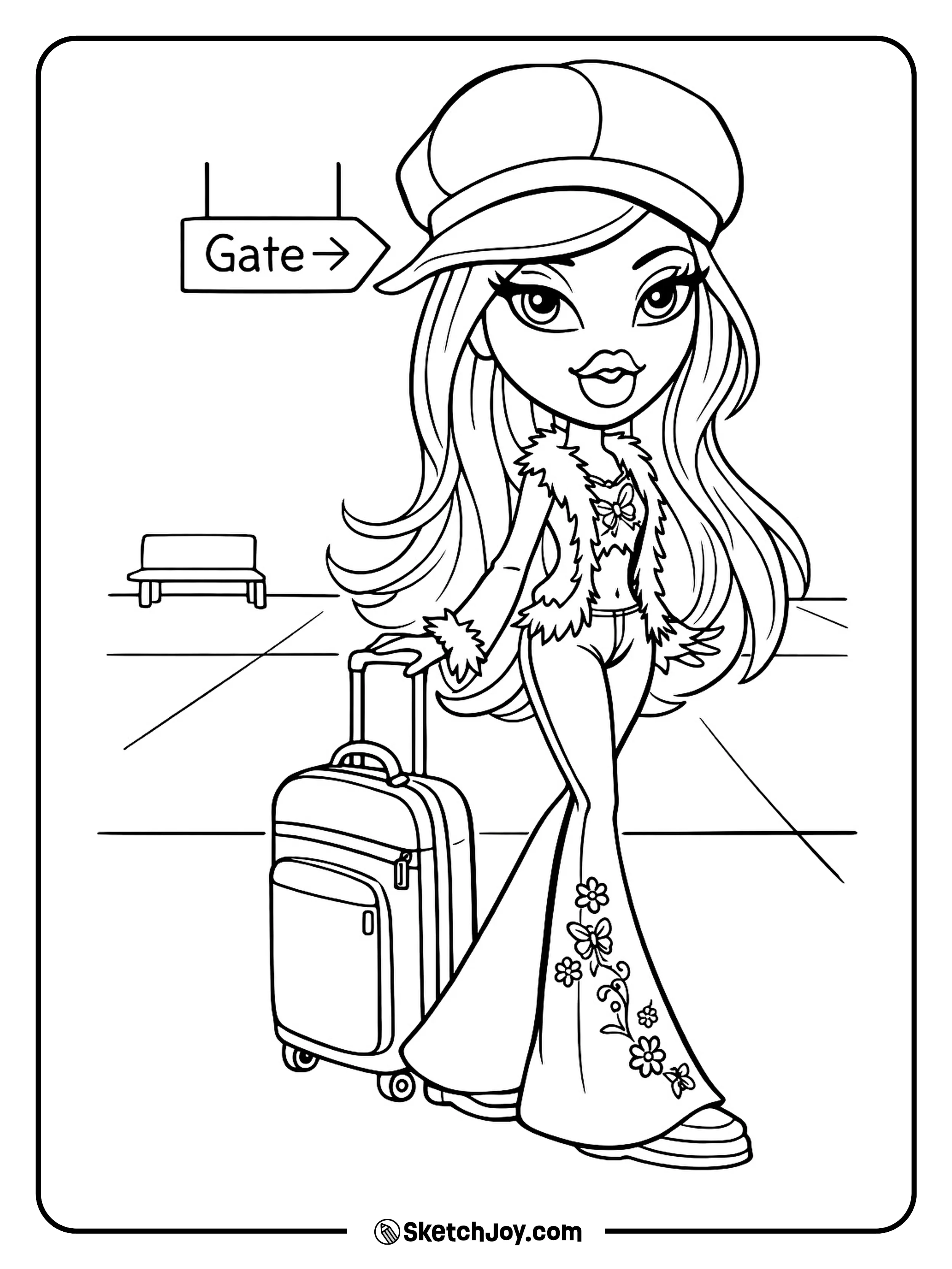 Nevra stands with a rolling suitcase and a simple sign that says “Gate.”