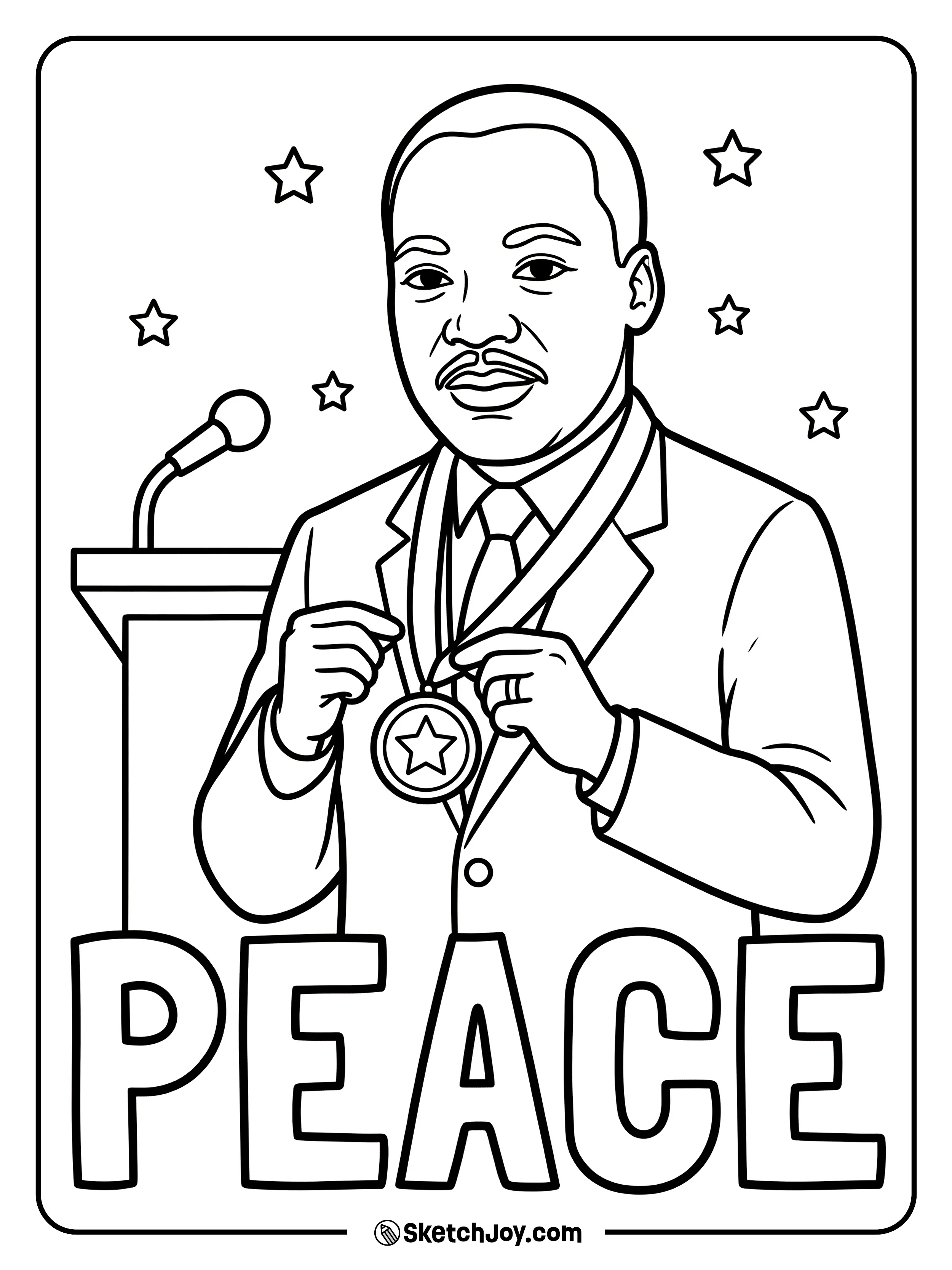 Dr. King holds a medal with “PEACE” in bold letters.