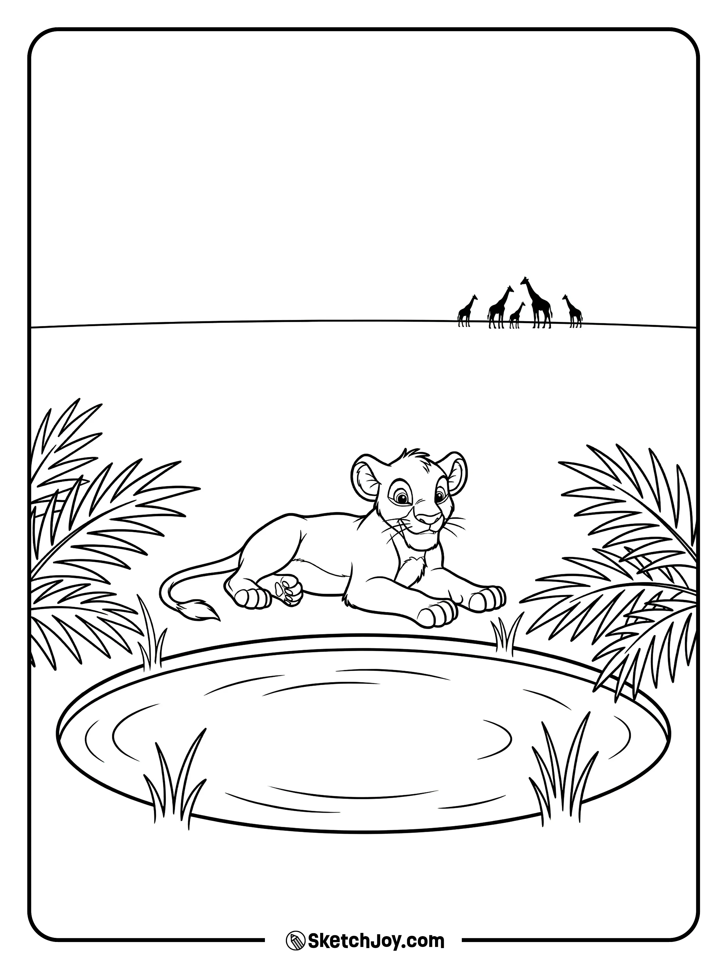 Simba rests by an oasis while giraffes stand far away.