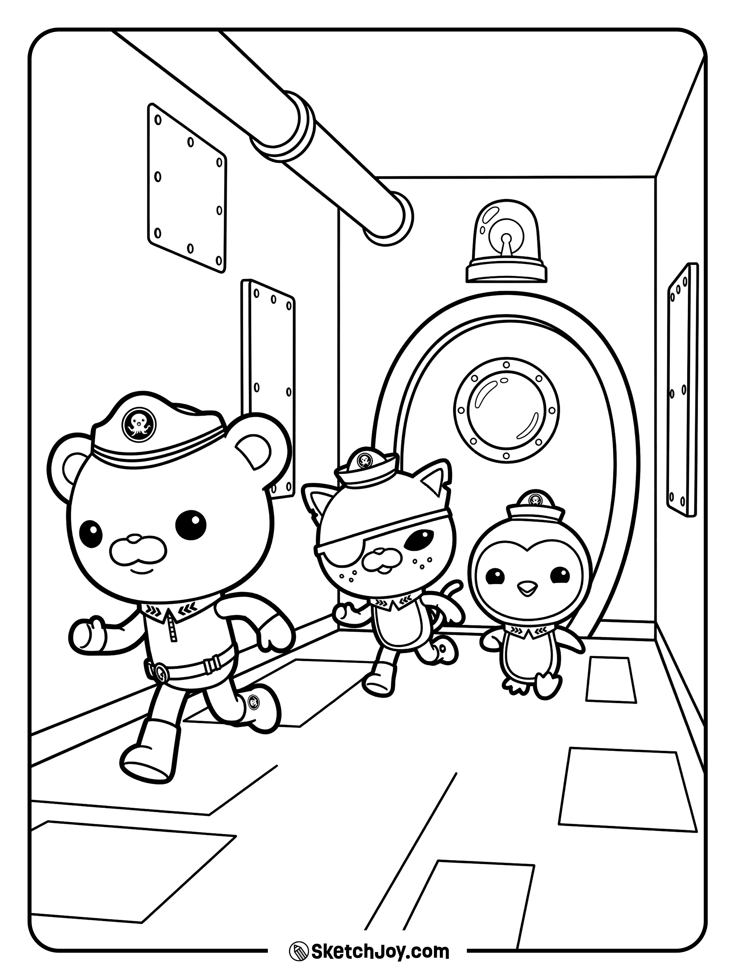 The crew runs in the Octopod hallway when the alert goes off.