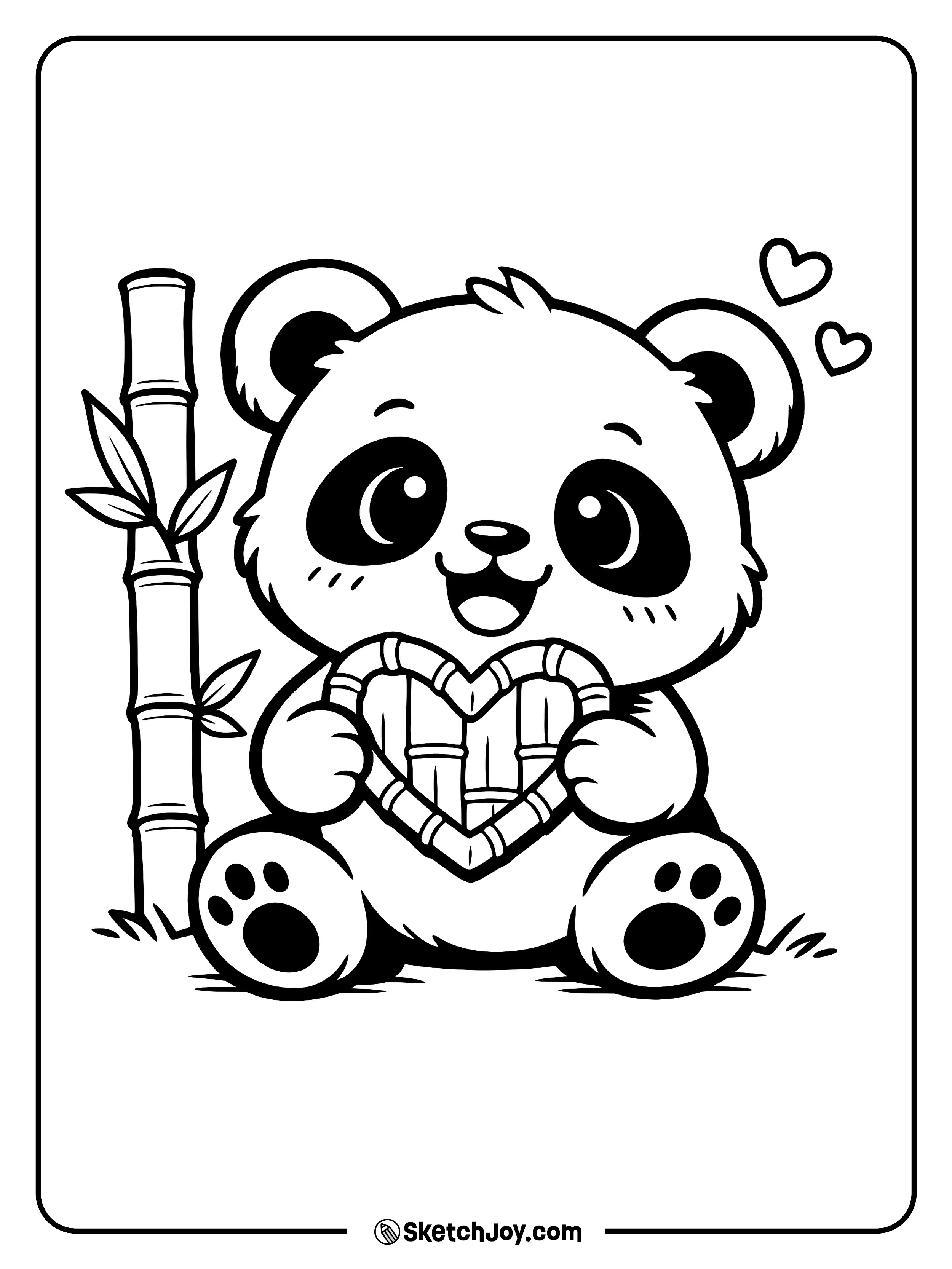 A panda offers a heart-shaped snack with a grin.