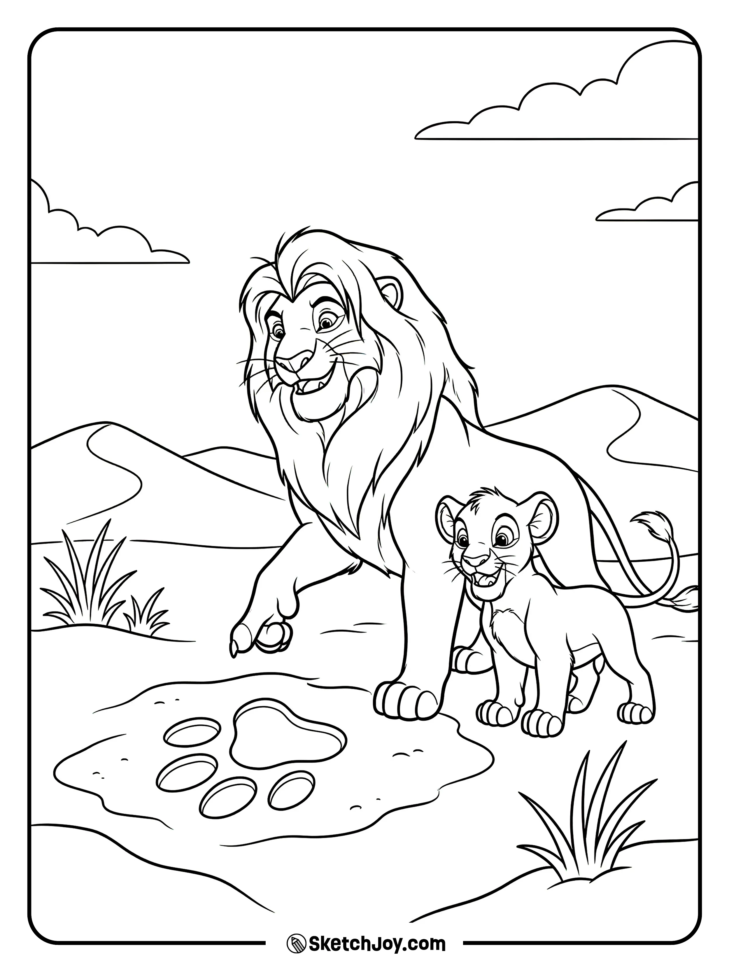 Mufasa shows Simba a big paw print in the sand.