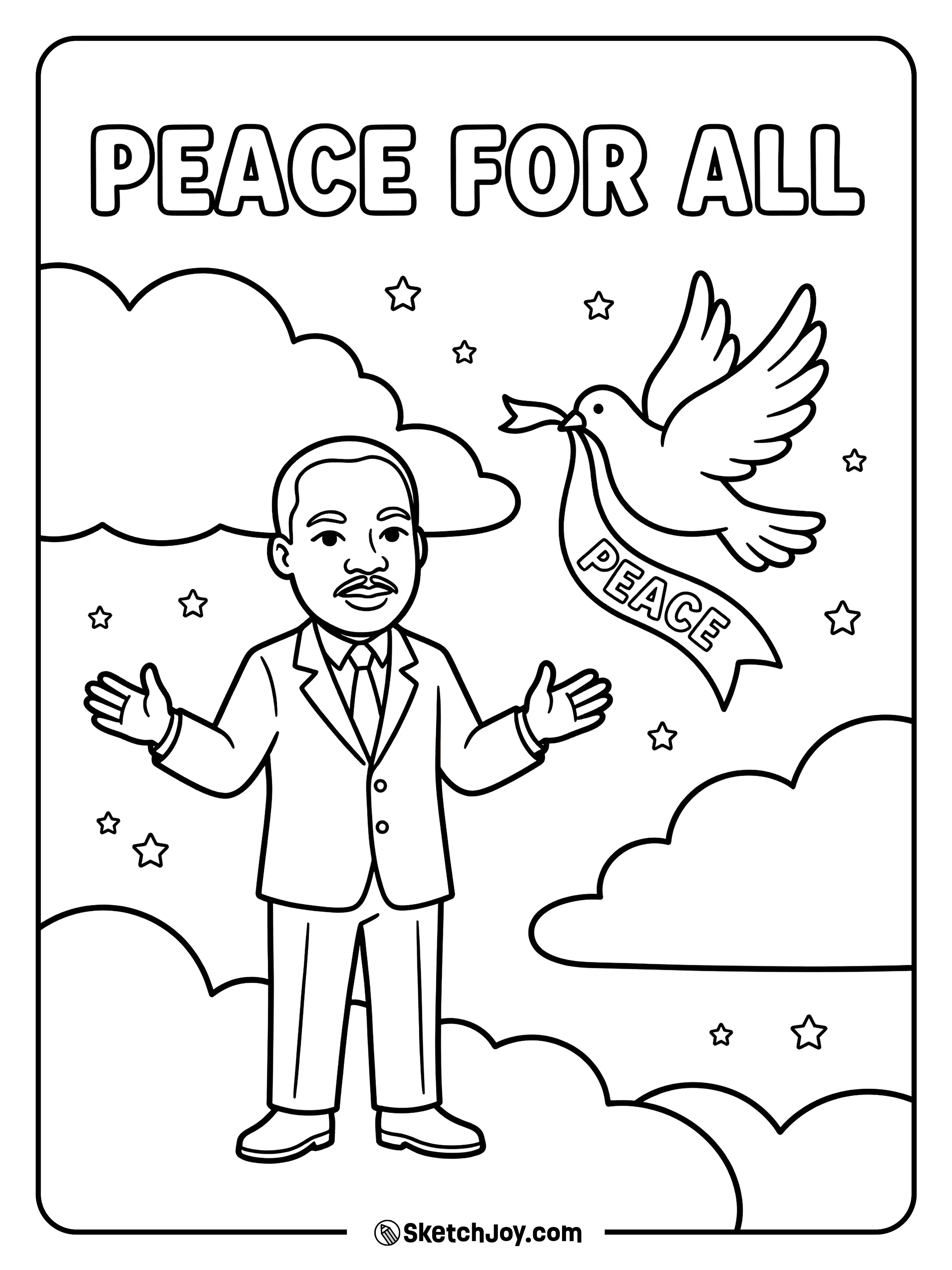 A dove carries a ribbon that says “PEACE” near Dr. King.
