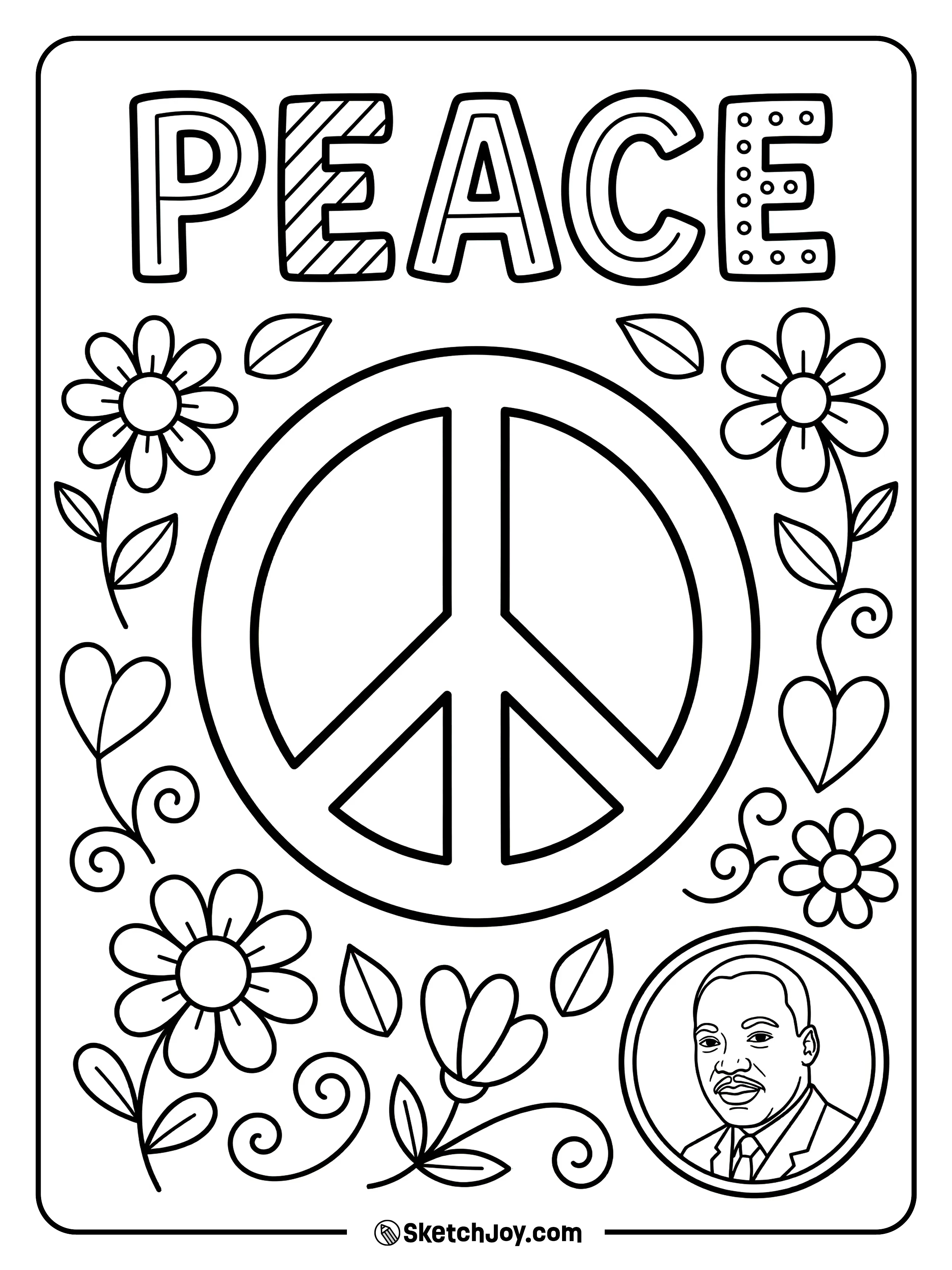 A peace sign sits under “PEACE” with simple flowers around it.