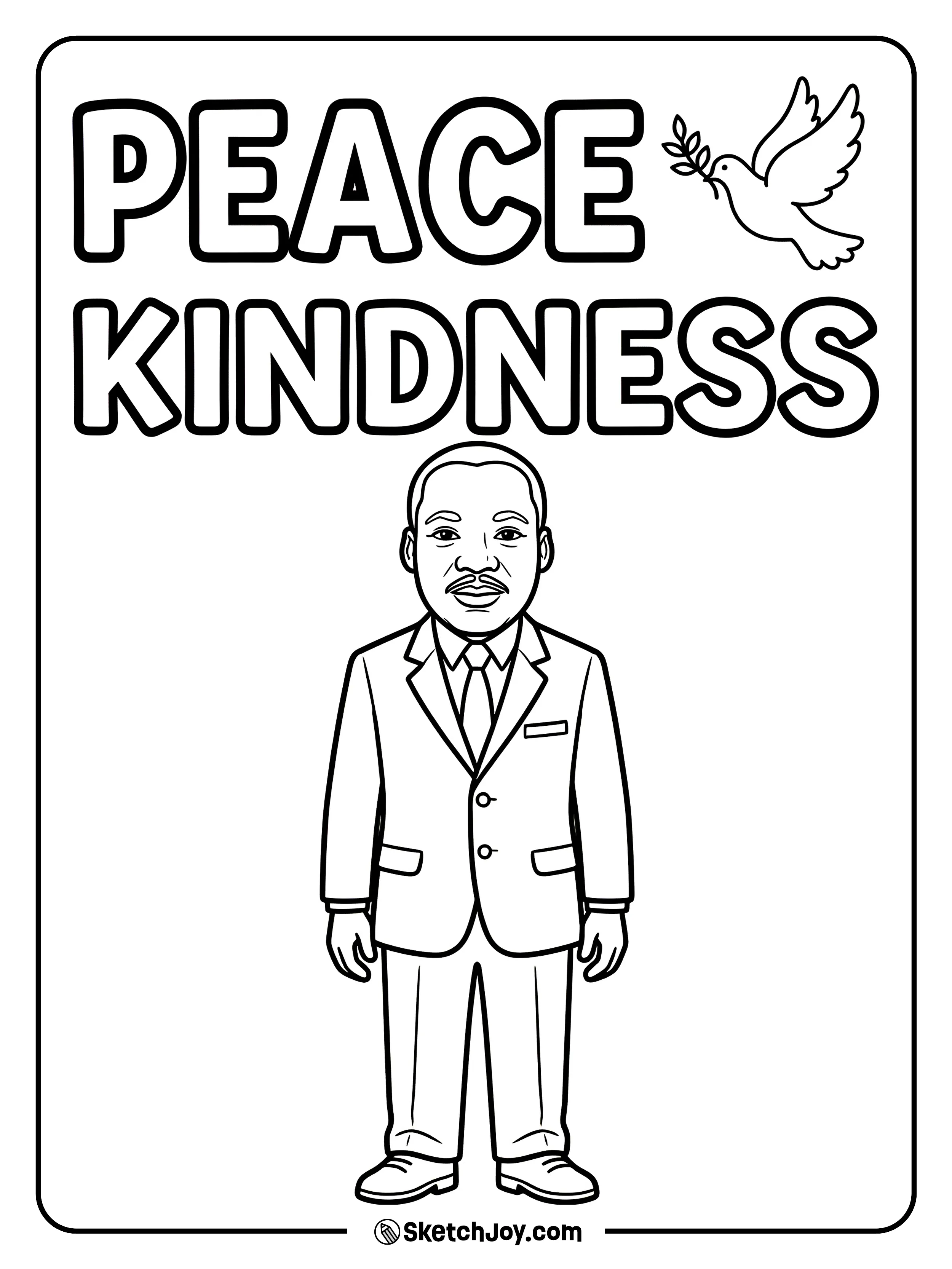 Dr. King stands with “PEACE” and “KINDNESS” in bold kid-style letters.