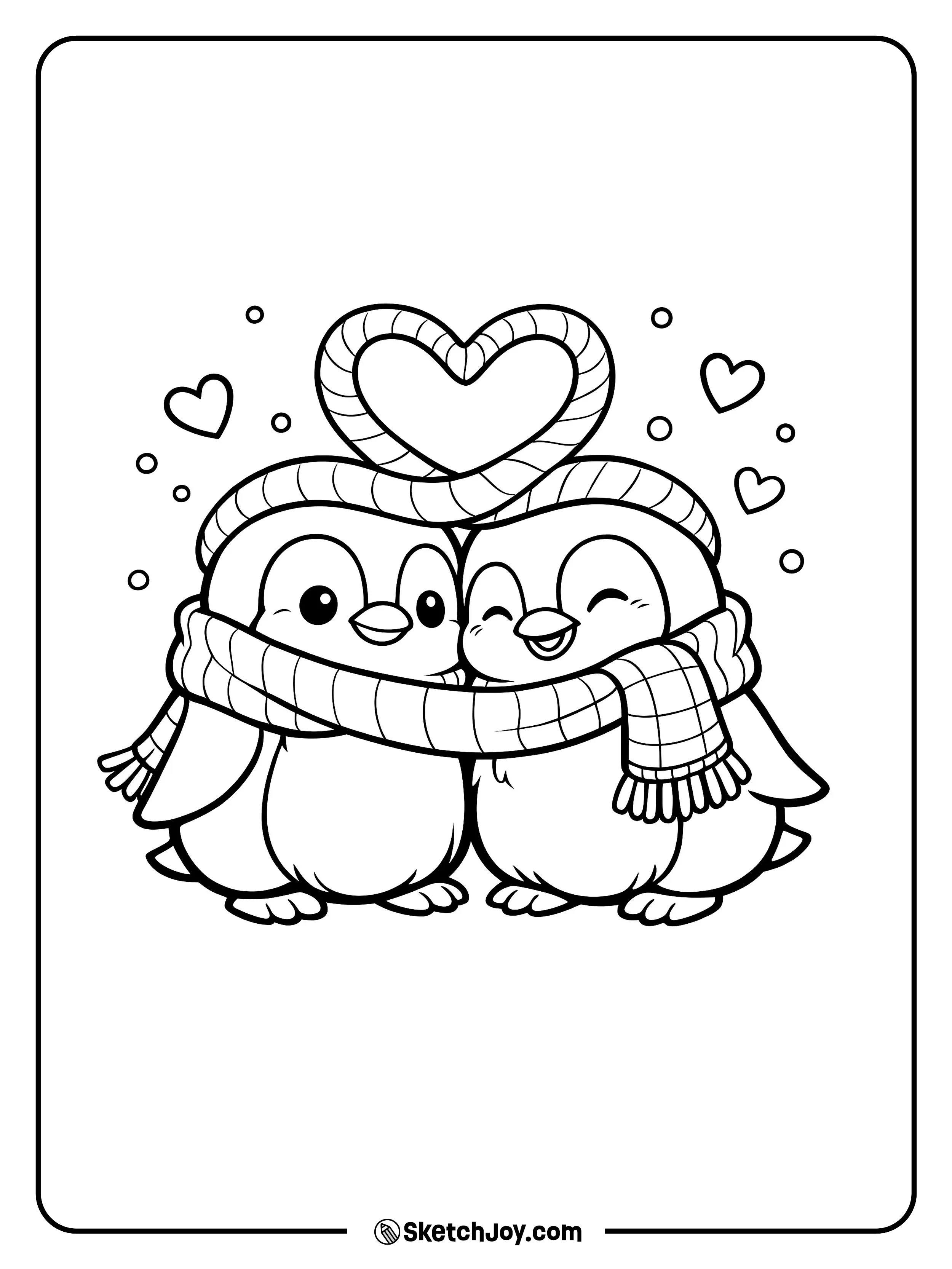 Two penguins share one scarf that curves into a heart.