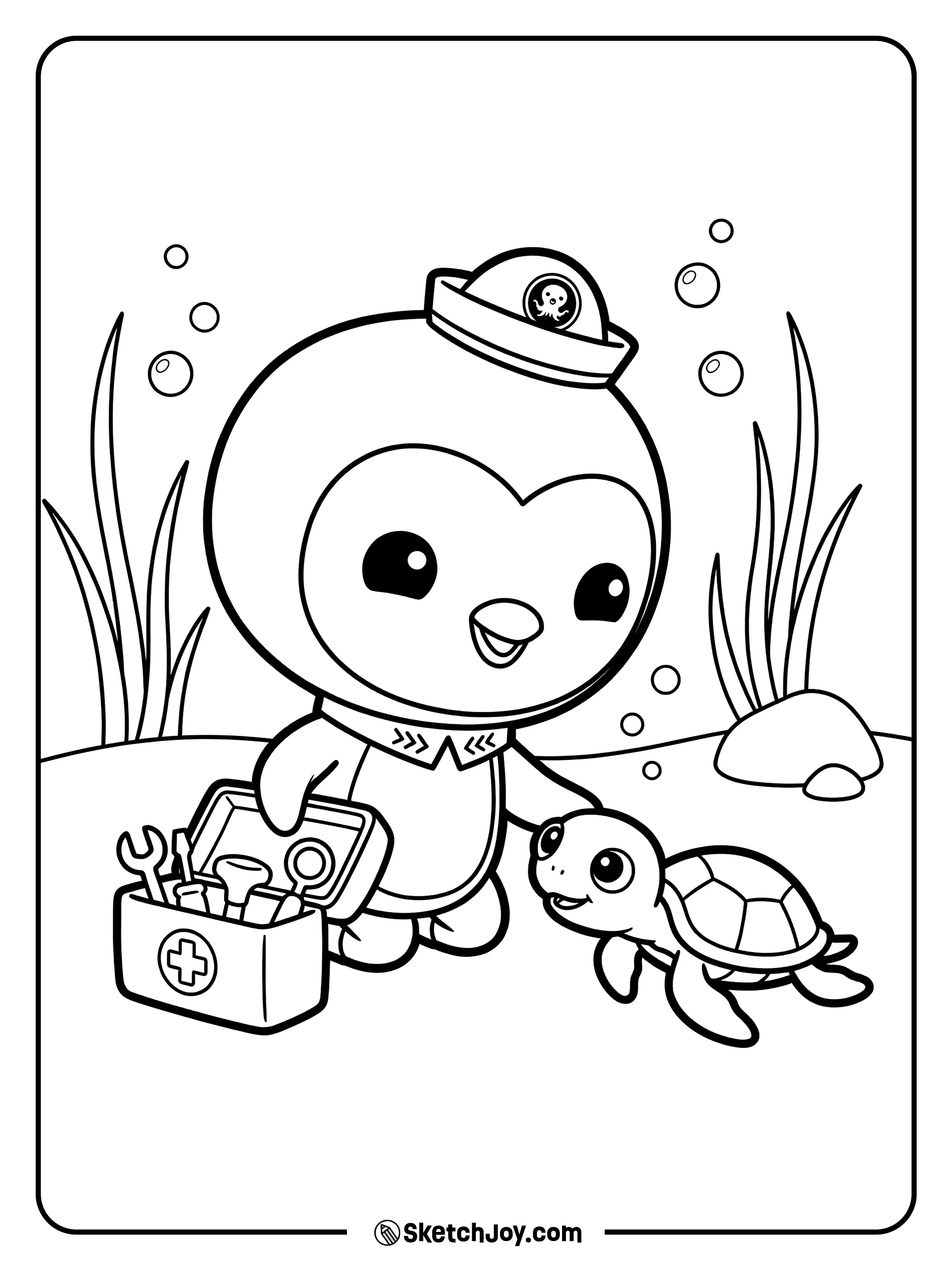 Peso gently checks a baby sea turtle near simple seagrass.