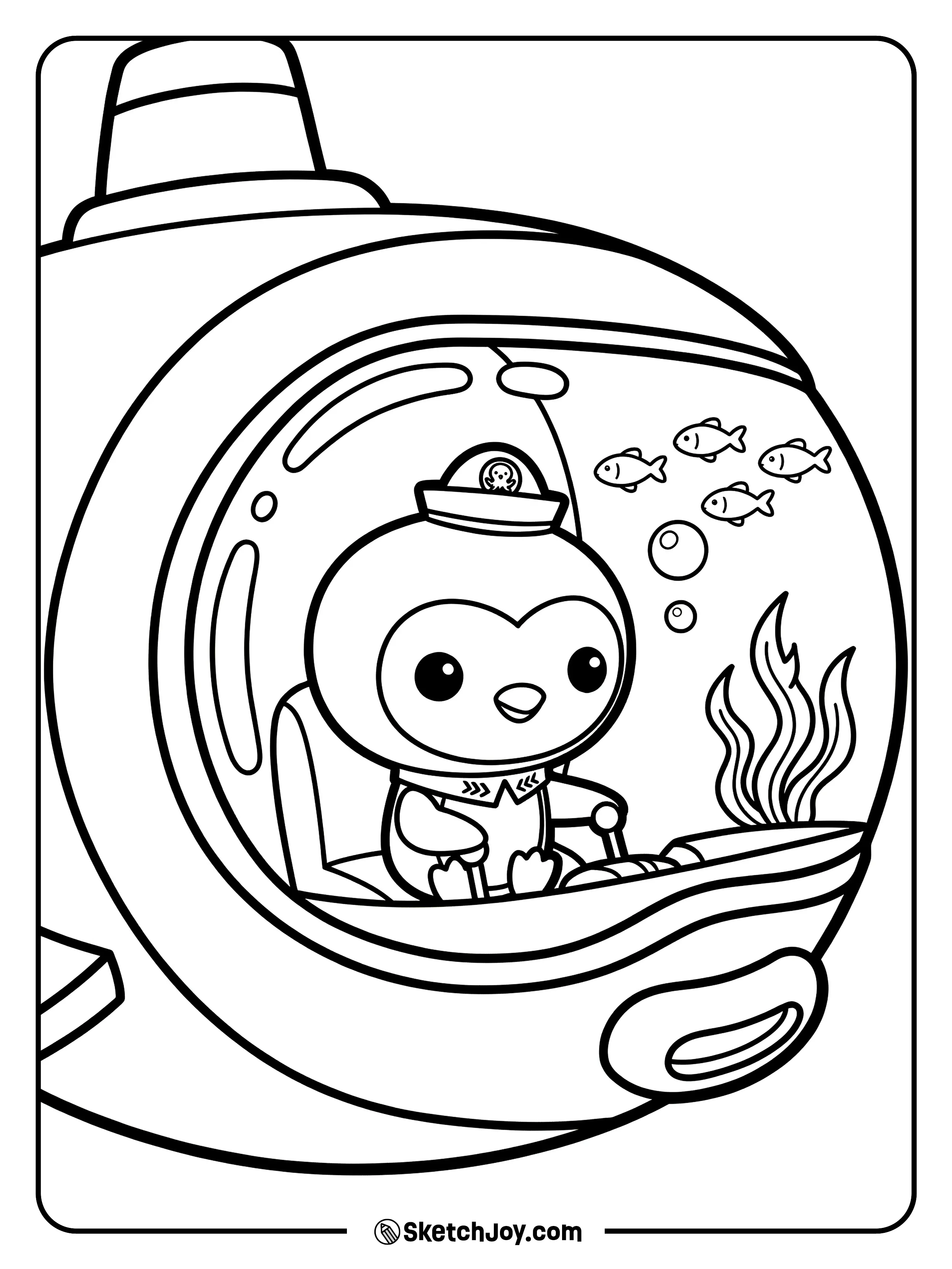 Peso pilots his small sub while fish swim in a simple line.