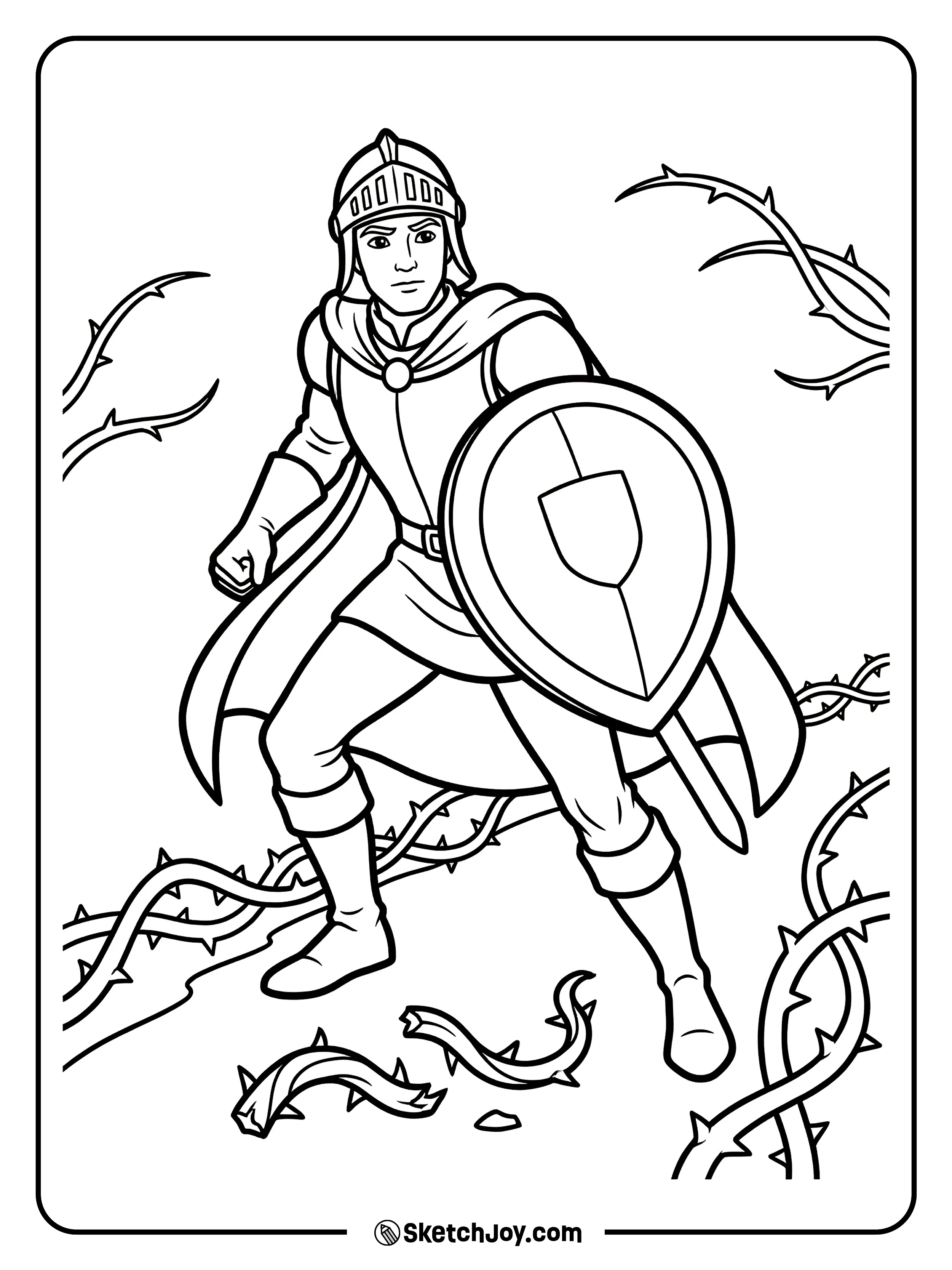 Phillip pushes through thorns with his shield up front.