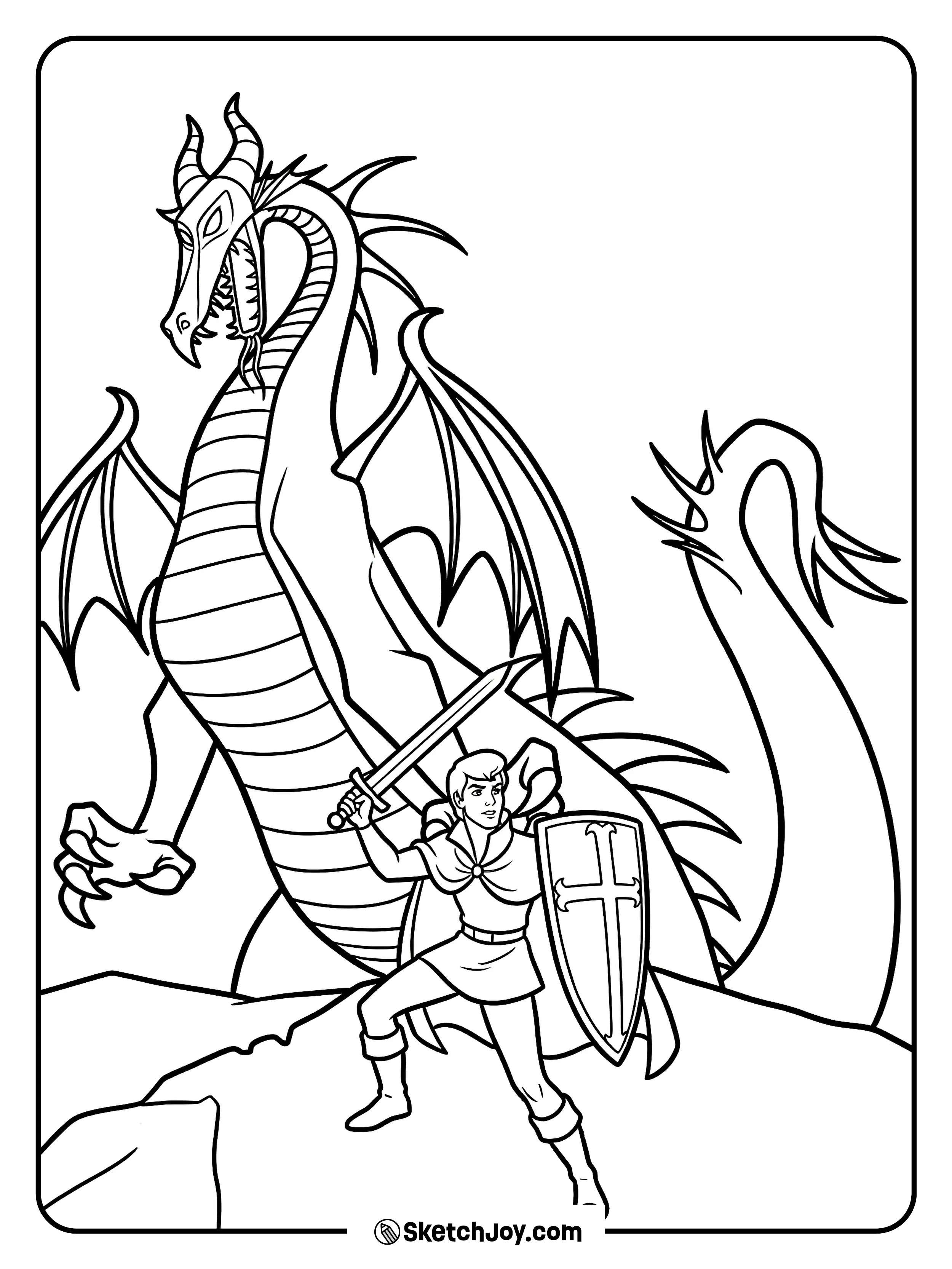 Phillip stands brave as a dragon looms in front of him.