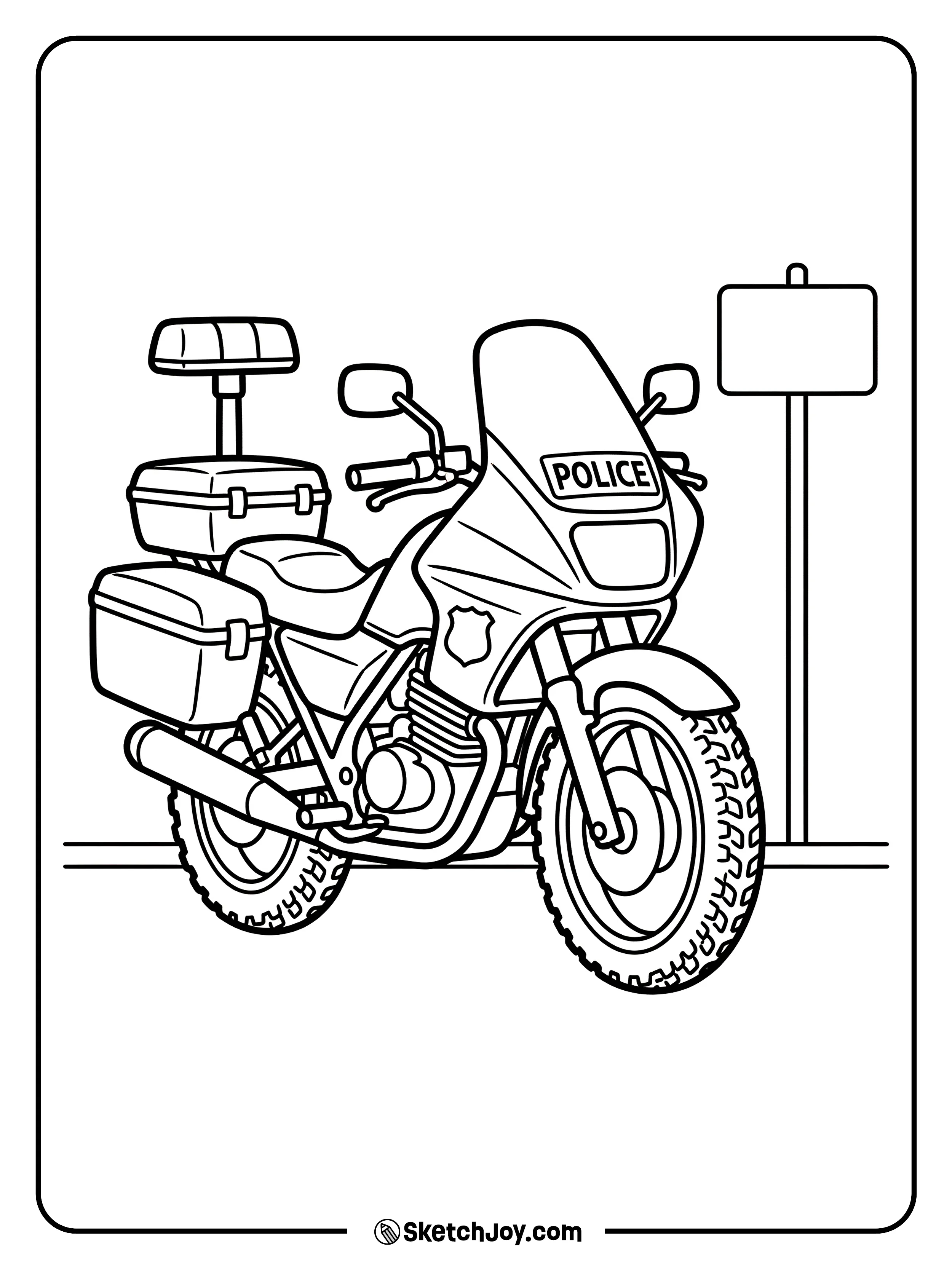 A police bike shows lights, boxes, and clear shapes.