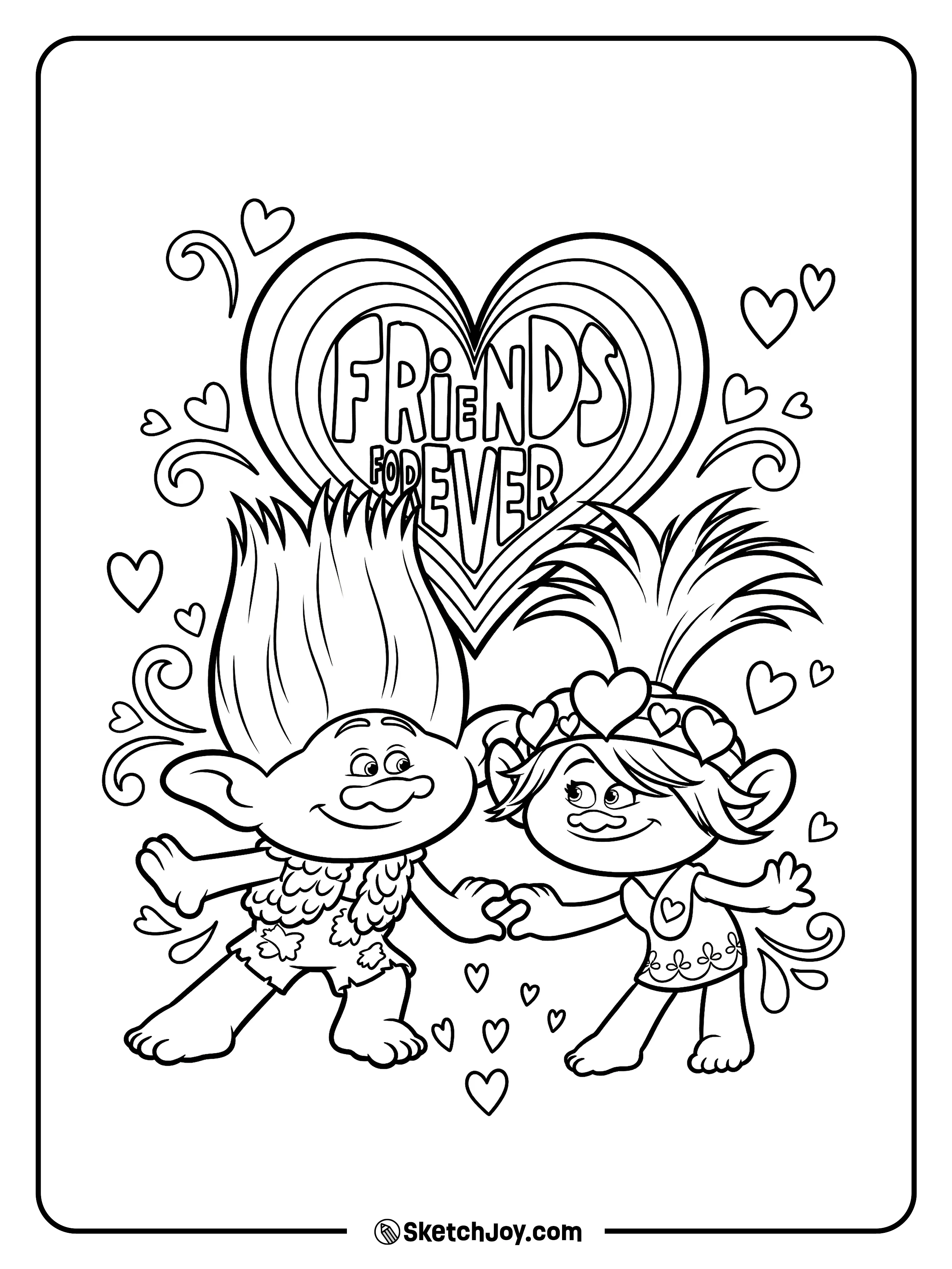 Poppy and Branch hold hands under a big “Friends Forever” heart.